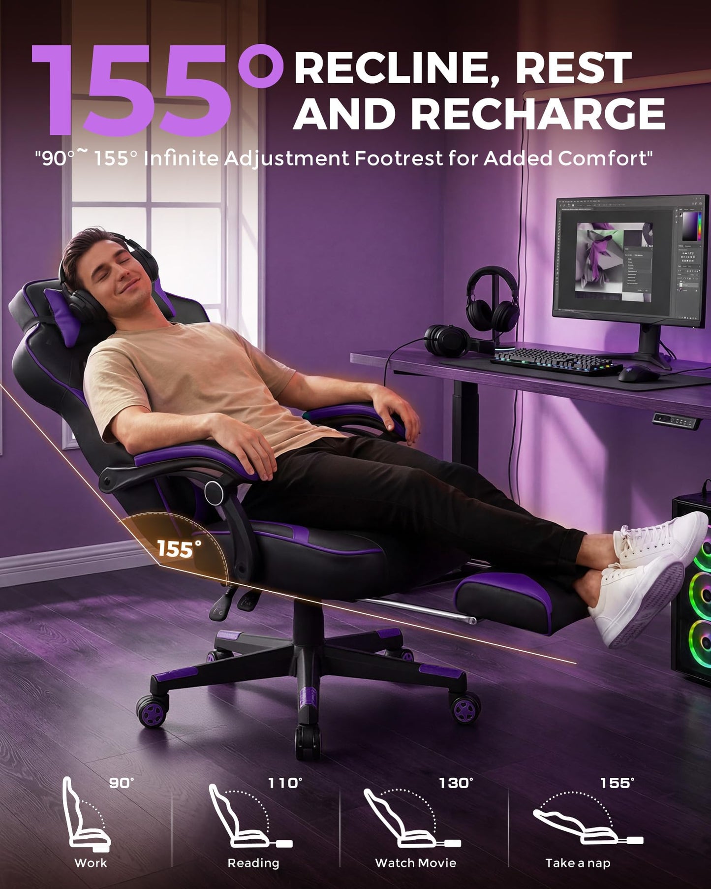 GTPLAYER Gaming Chair with Footrest, Big and Tall Game Chair 350lb Racing Style Computer Chair, Ergonomic Executive Office Chair High Back with Lumbar Support and Recliner, Purple