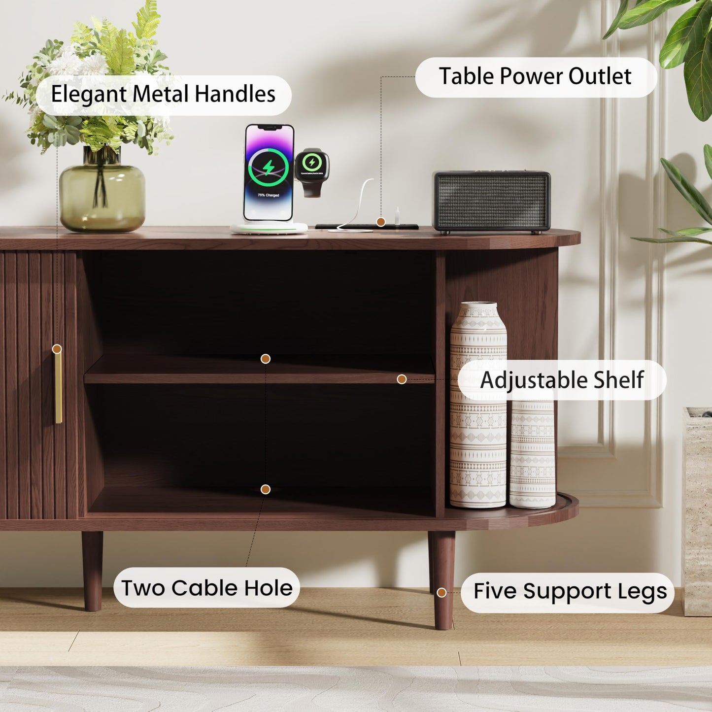 DHH 63 Inch Mid Century Modern TV Stand with Power Outlet for TVs up to 70 Inch, Entertainment Center with Storage and Adjustable Shelves, Media Console with Sliding Doors for Living Room(Walnut)