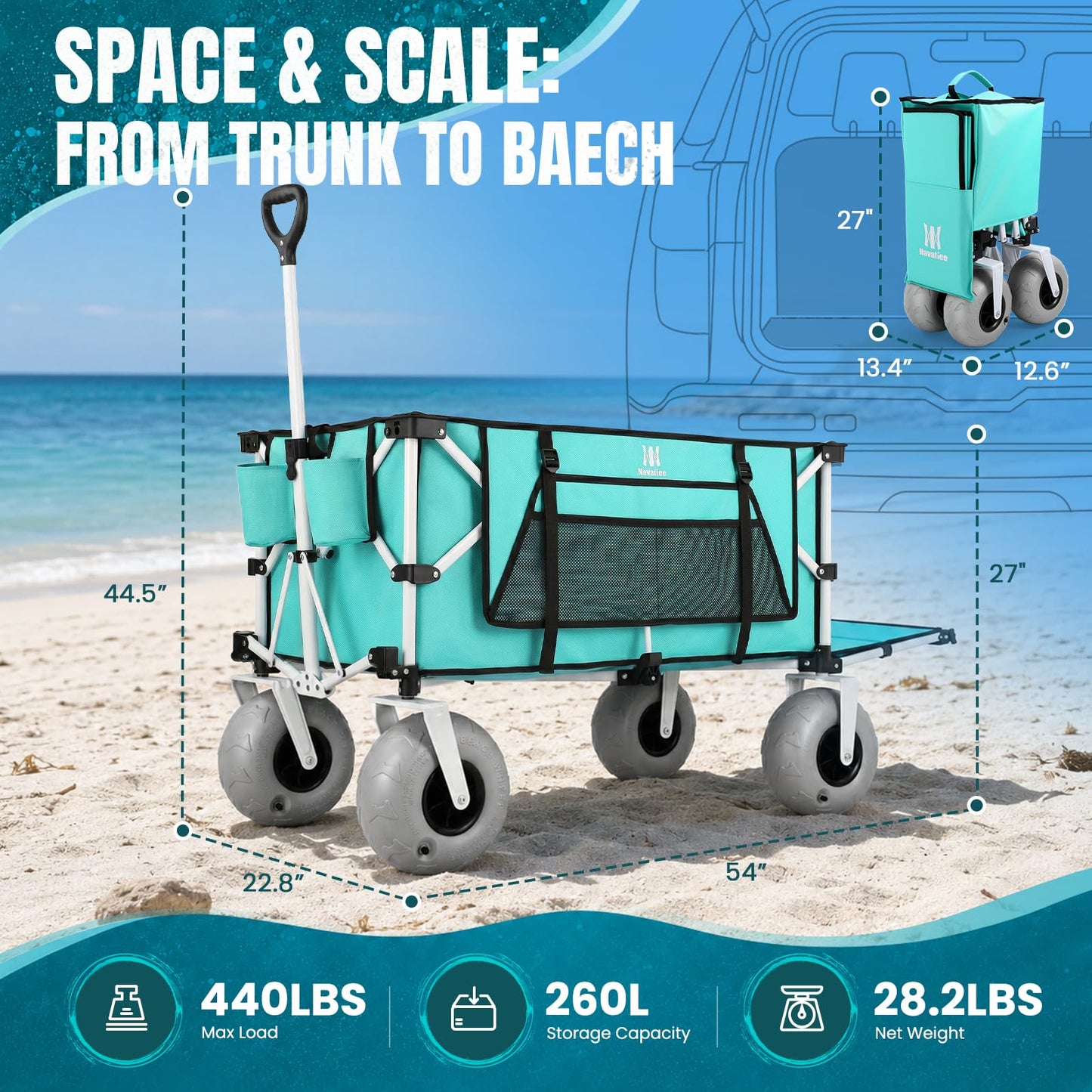 Navatiee 260L Beach Wagon with Extended Tailgate, 440lbs Heavy Duty Beach Cart with 9” Big Balloon Wheels for Sand, Collapsible Folding Wagon with Side Pocket for Outdoor, Light Blue