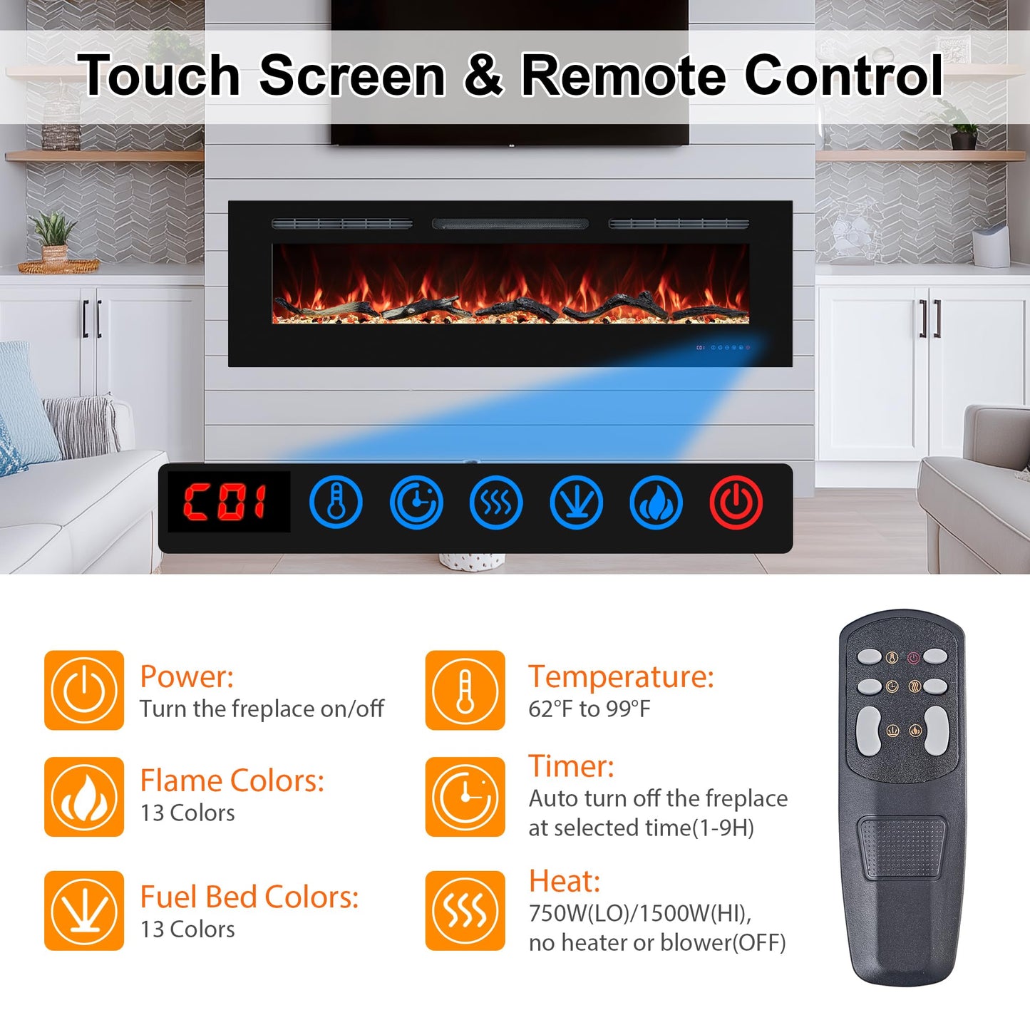 42" Electric Fireplaces Inserts, Recessed & Wall-Mounted Fireplace Heater with Thermostat, Multicolor Flames,Timer, Log & Crystal, 750/1500W