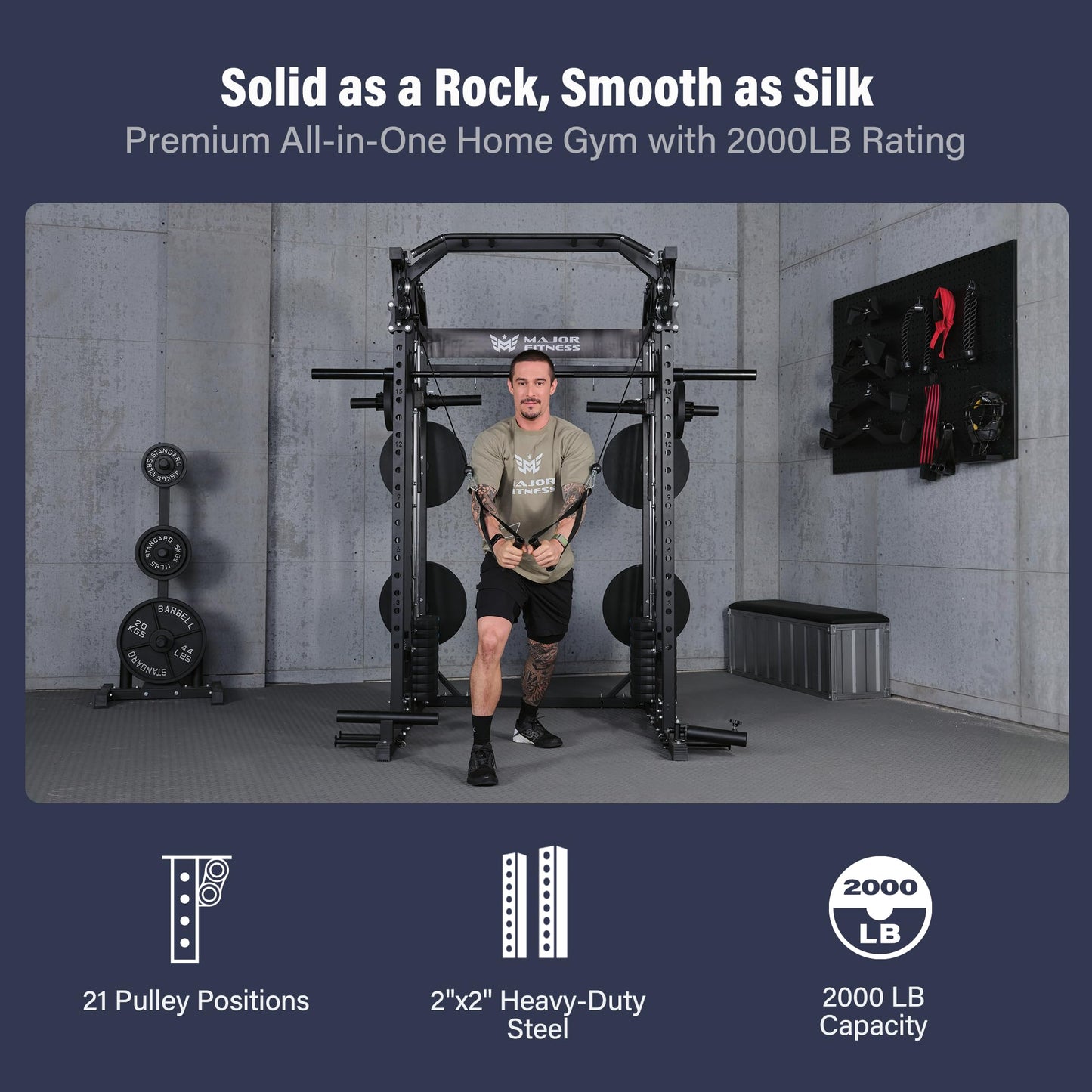 Major Fitness Drone2 Premium Smith△ Machine, All-in-One Home Gym Squat Rack with Aluminum Pulley Set, Weight Bar (BK D2AW Package(with Black Bench+230lb))