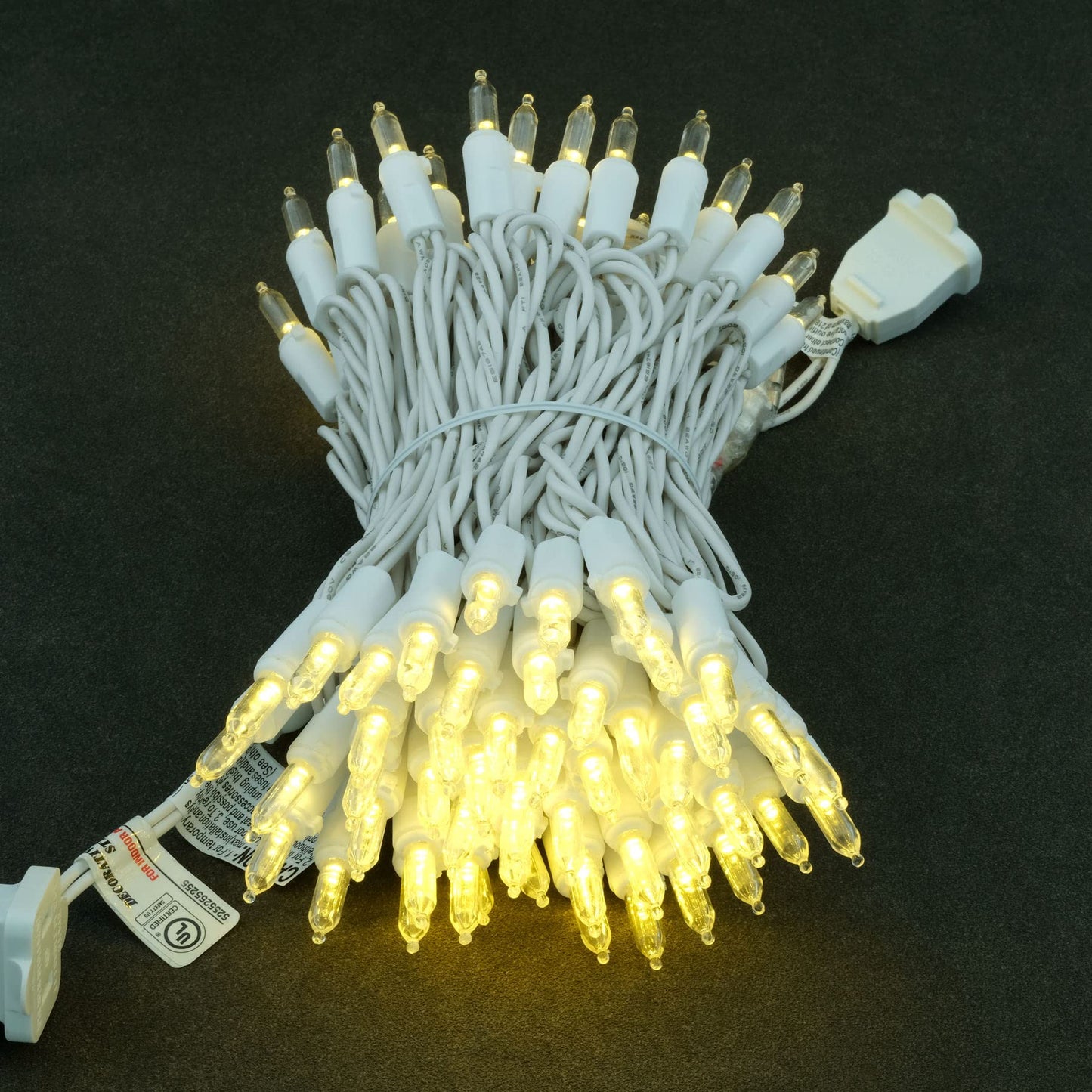 YULETIME Warm White LED Christmas String Lights, 33 ft, 100 Count, UL Certified, White Wire, Model BMD-L-100E/2F