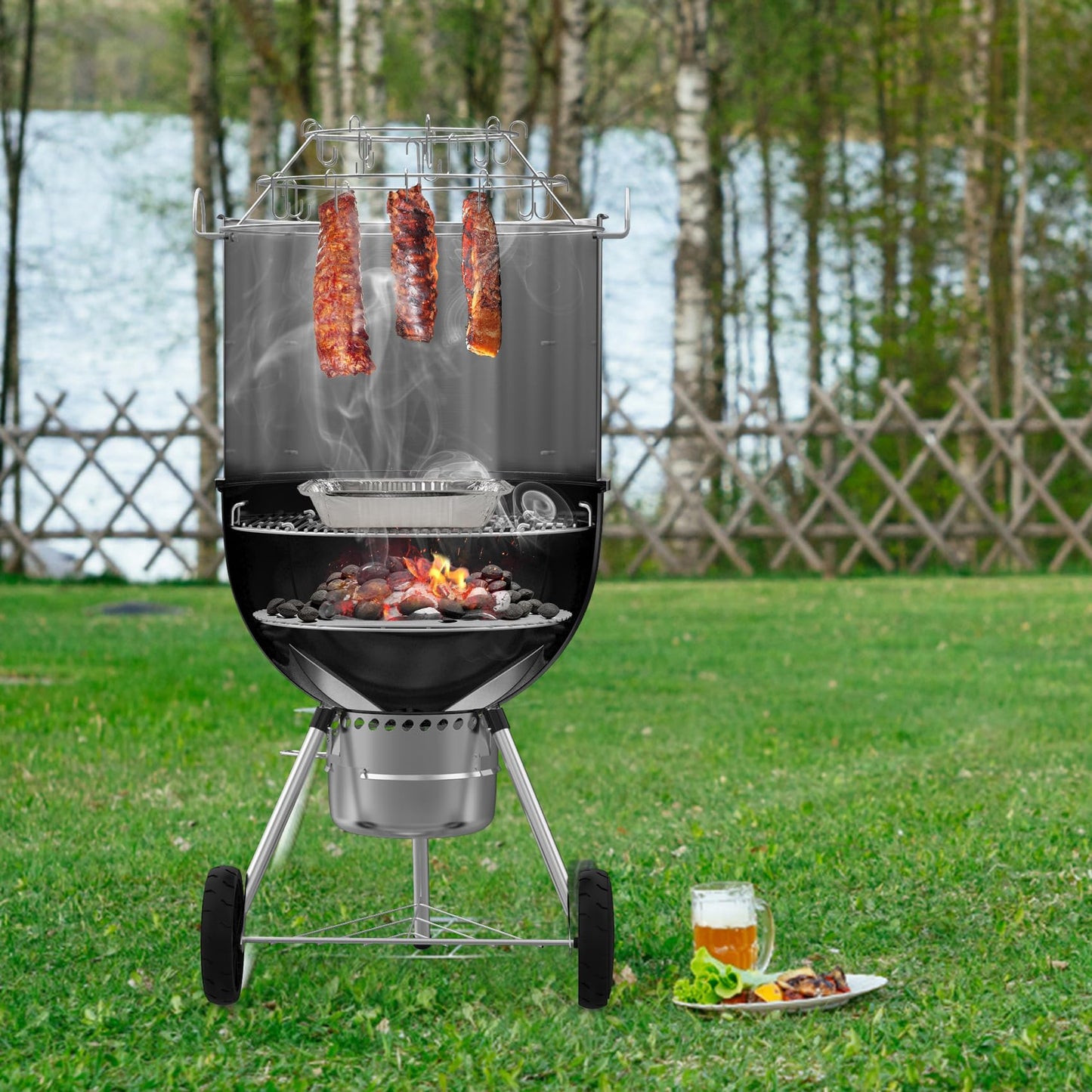 only fire Stainless Steel Grill Cooking Smoking Attachment, Charcoal, Rib Hanging System for Weber 22 inch Kettle Grills - Turns Your Kettle into Smoker