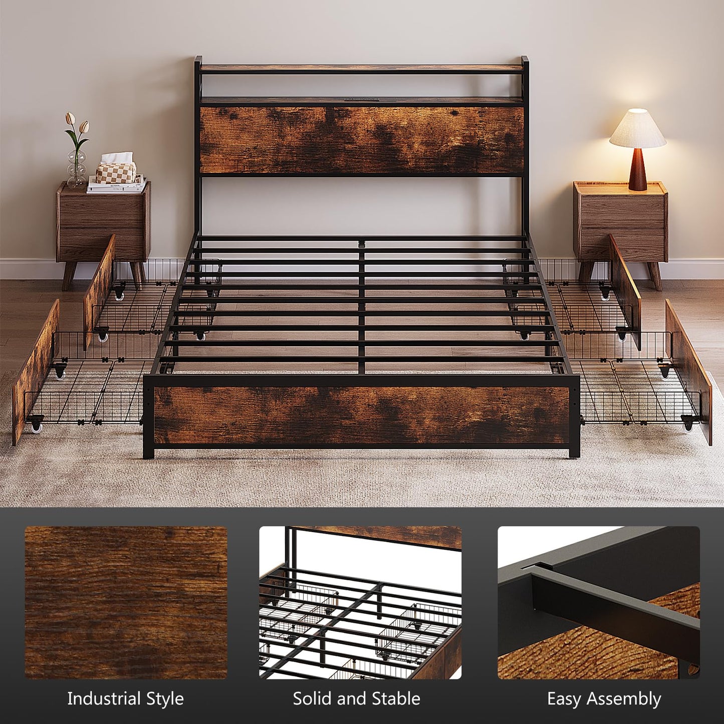 VINGLI Queen Bed Frame with 4 Storage Drawers and Headboard, Metal Platform Panel Bed with Charging Station and RGB LED Lights, No Box Spring Needed, Noise Free, Easy Assembly,Rustic Brown