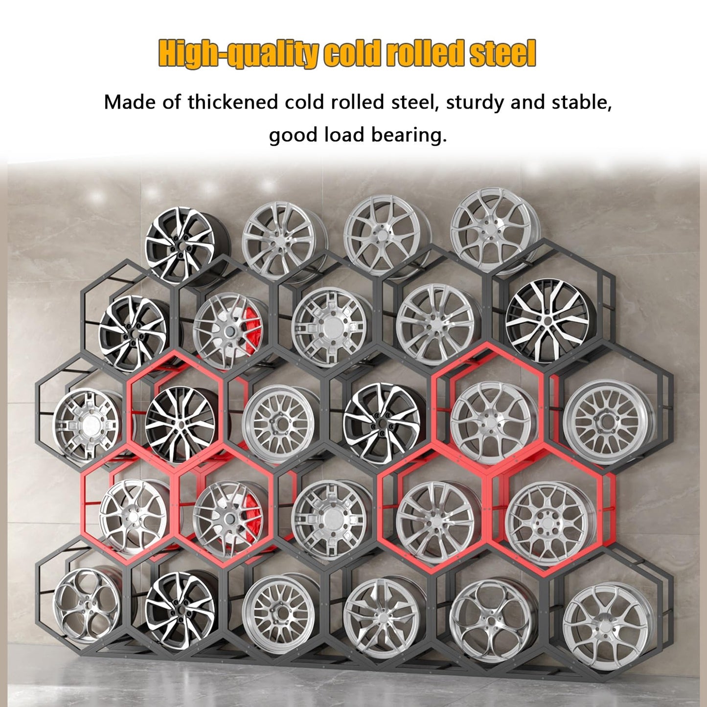 Aimery Rims Tire Rack for Garage, Hexagon Display Rack, Steel Spare Tyre Organizer, Wheel Organizer Holder(D)