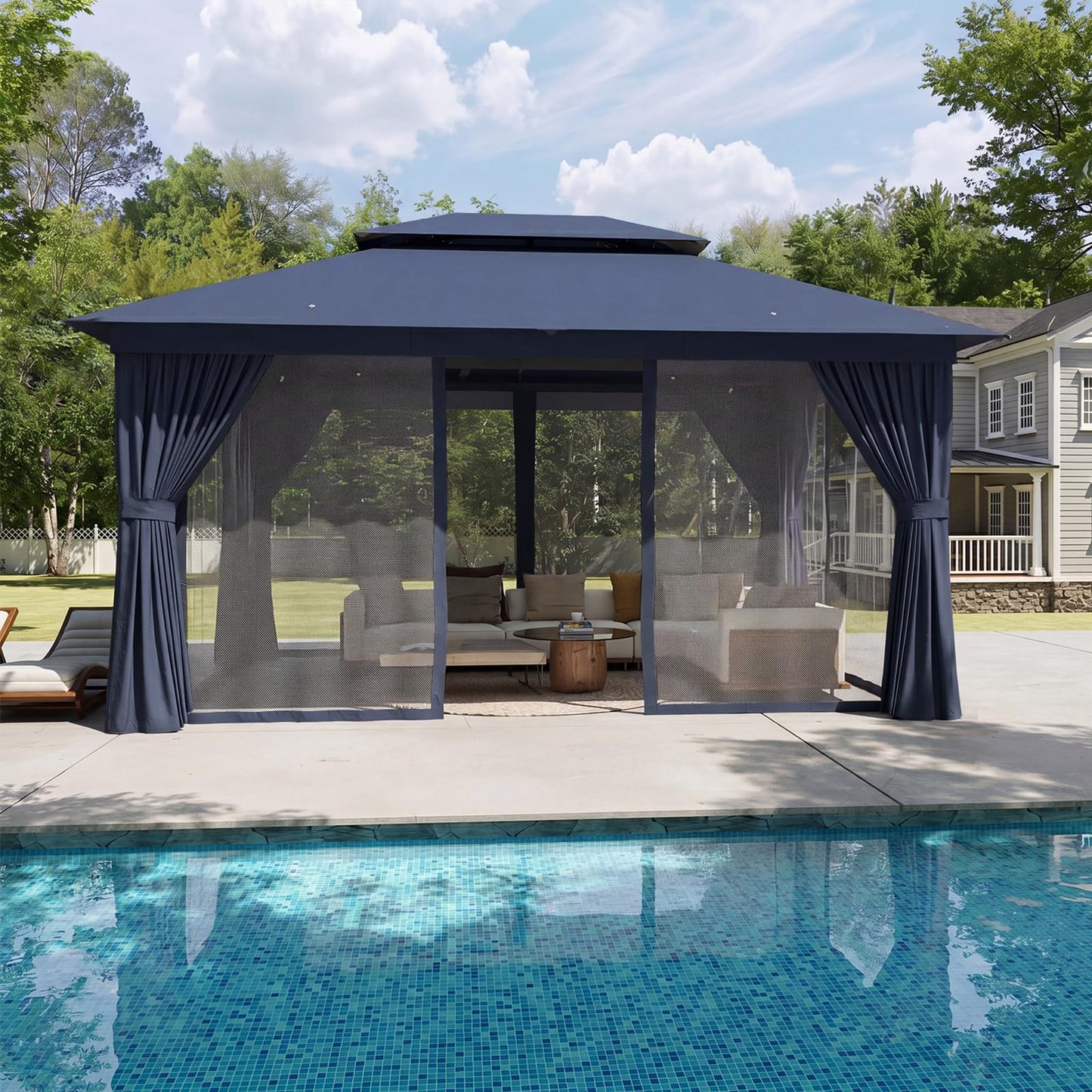 Aoxun 10x12 Outdoor Gazebo for Patio, Metal Frame Canopy Gazebo Double Roof Heavy Duty Backyard Gazebo with Mosquito Netting & Privacy Screen, Patio Shelter for Garden Lawn Deck (Navy Blue)