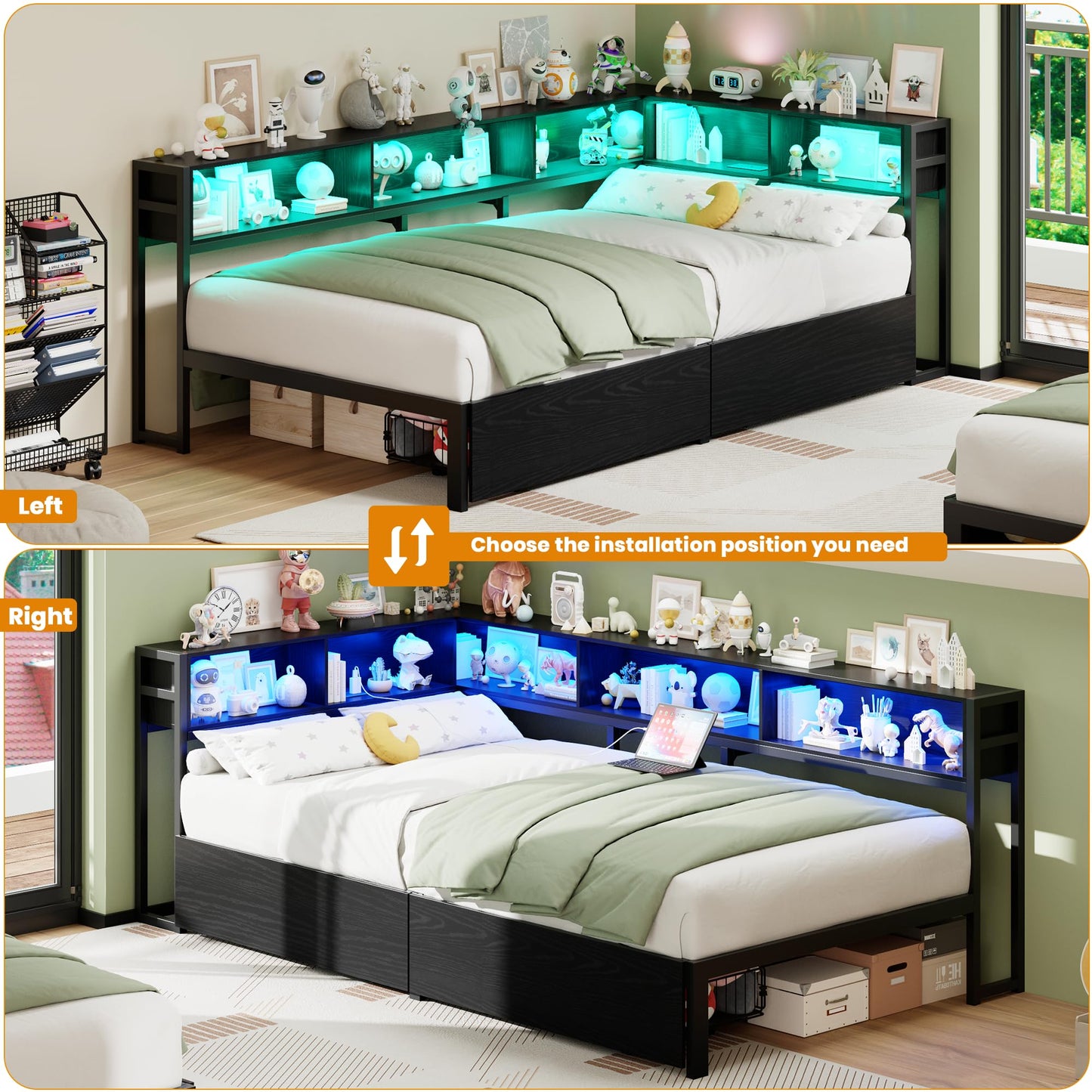 Garvee Twin Corner Bed Frames - with Charging Station and LED Lights, Twin Size Bed Platform with 2 Storage Drawers and Bookcase Headboard, Modern Twin Daybed for Kids Teens Guests, Black