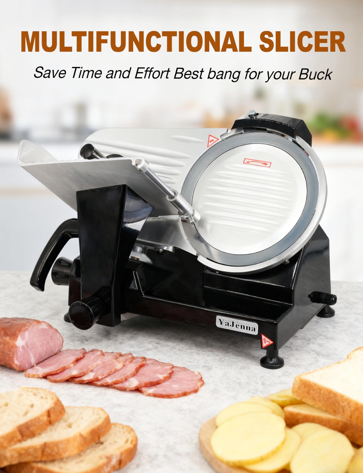 YaJenna Black Electric Meat Slicer 10" 300W Deli and Ham Food Cheese Jerky Steak Slicer Cutting Machine with ETL Approved Semi-Auto 0-15MM Adjustable Slice Thickness