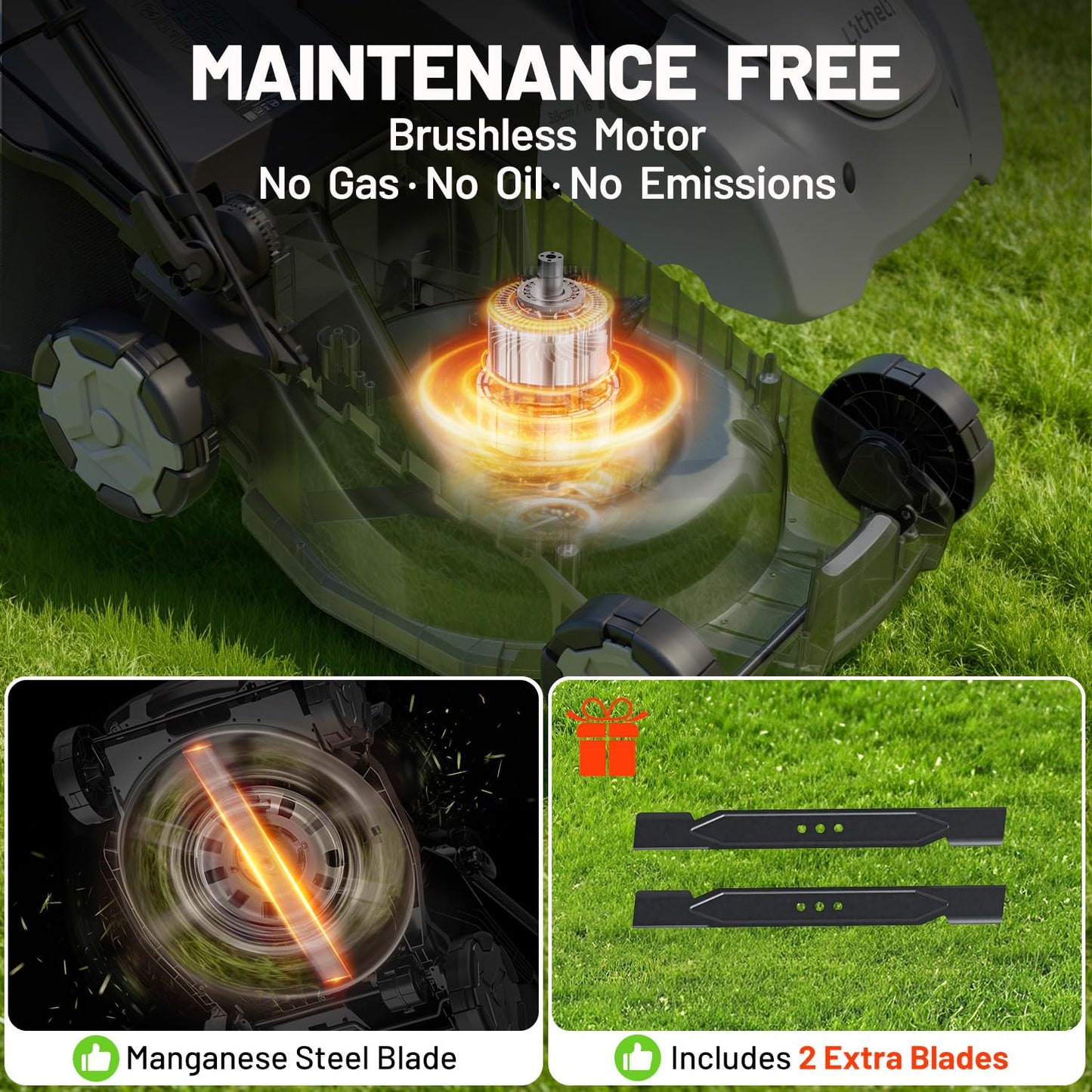 Litheli 2x20V 16 Inch Cordless Lawn Mower, Brushless Battery Powered Push Mower, 6 Adjustable Cutting Heights 25-75mm, 50L Collection Bag & Mulching, 2x5.0Ah Batteries and Charger Included