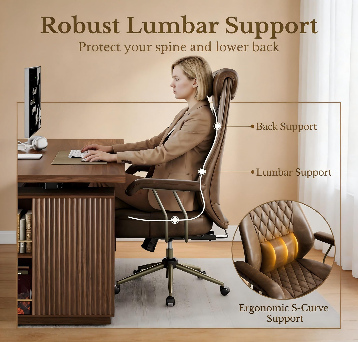 Executive Office Chair, High Back Ergonomic PU Leather Desk Chair with Integrated Headrest & Lumbar Support, Adjustable Reclining Swivel Computer Chair for Home Office, Brown