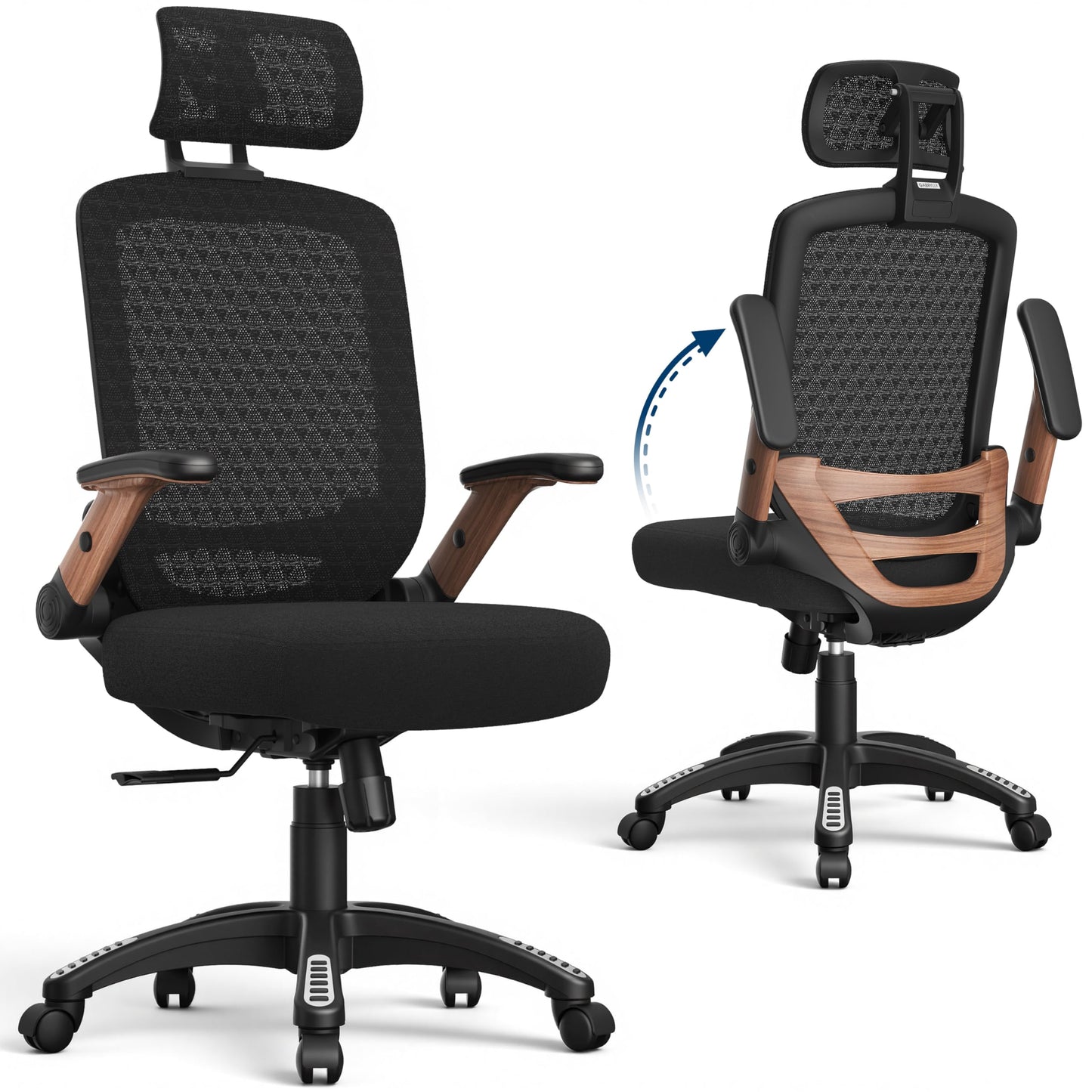GABRYLLY Ergonomic Office Chair, High Back Home Desk Chair with Flip-Up Arms, 3D Headrest, Thick Sponge Seat &90-120° Recline, Big and Tall Mesh Executive Chairs for Man Woman, Black Woodgrain