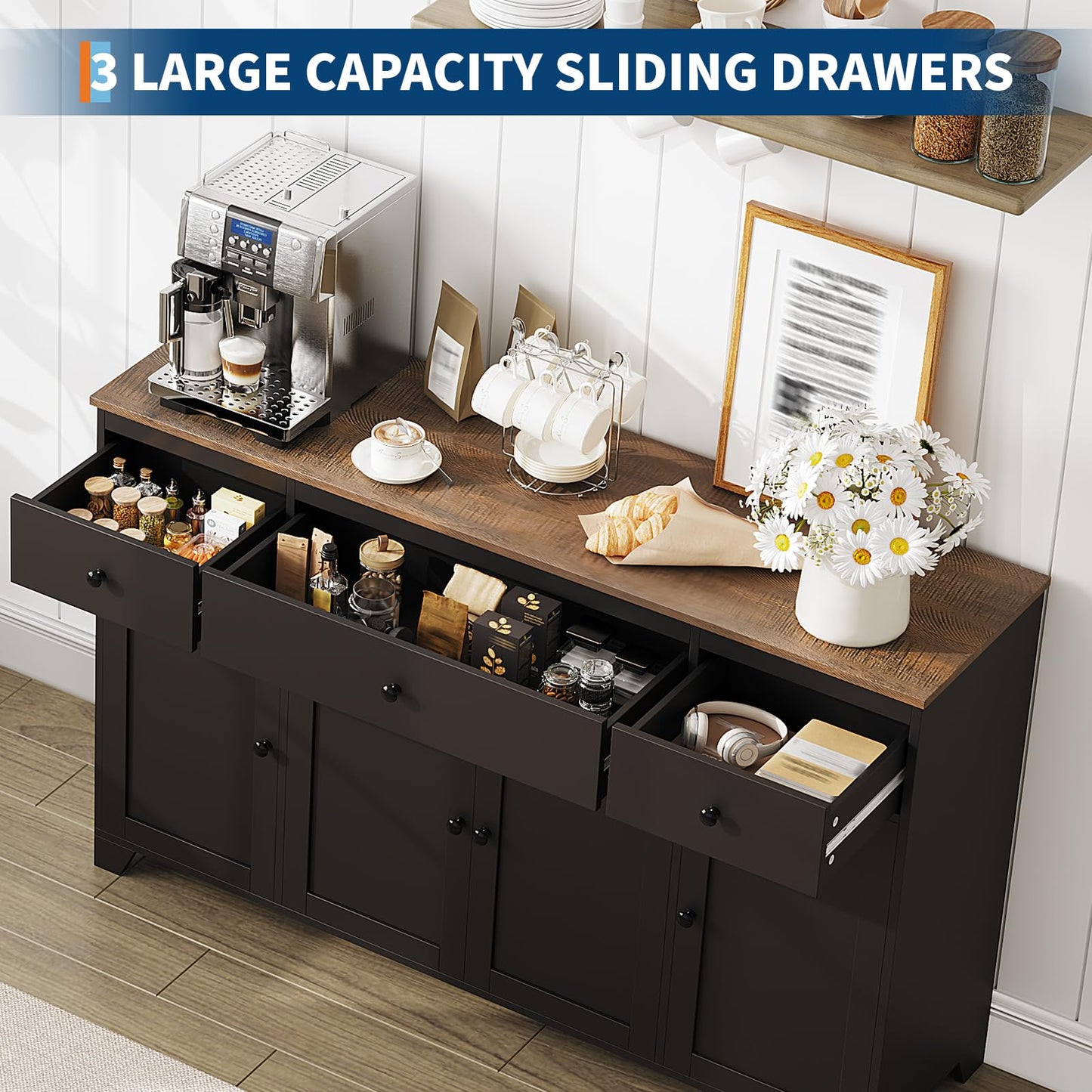 GarveeHome 55" Sideboard Buffet Cabinet with Storage, Minimalist Kitchen Storage Cabinet with 3 Drawers & 4 Doors, Buffet Console Table Coffee Bar with Adjustable Shelf for Dining Living Room- Black