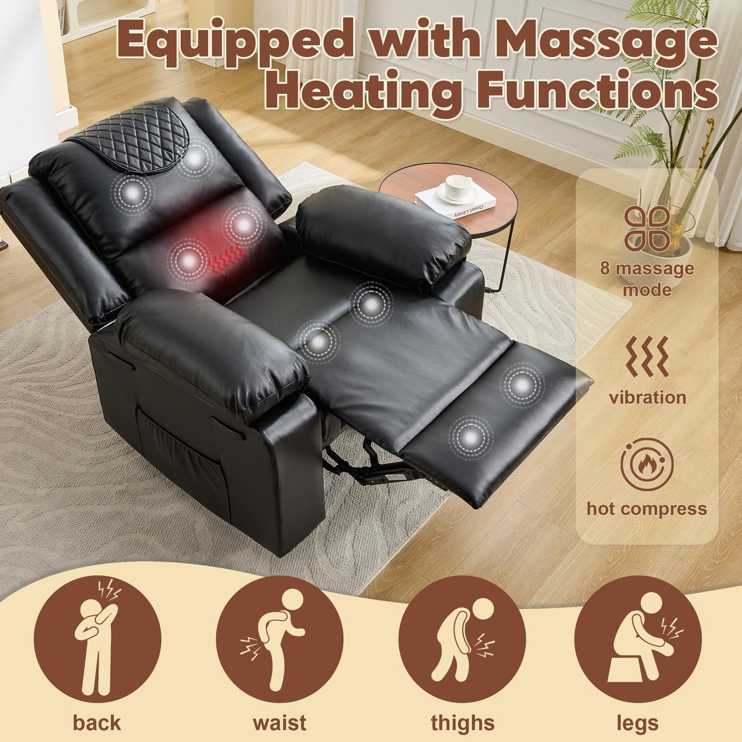 Manual Recliner Chair for Adults - 135° Front & Rear Adjustable, with Heating & Massage, Side Storage Pockets & Remote Control, Ideal for Living Room & Bedroom(Black)