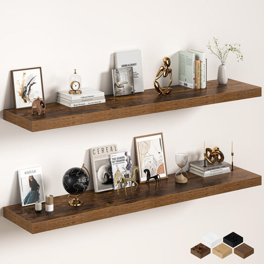 Fun Memories 72 Inch Floating Shelves, 12 Inch Deep Wall Shelf for Fireplace Mantel, Deep Storage Shelves for Home & Office, Long Floating Shelf with Invisible Bracket, Rustic Brown, Set of 2