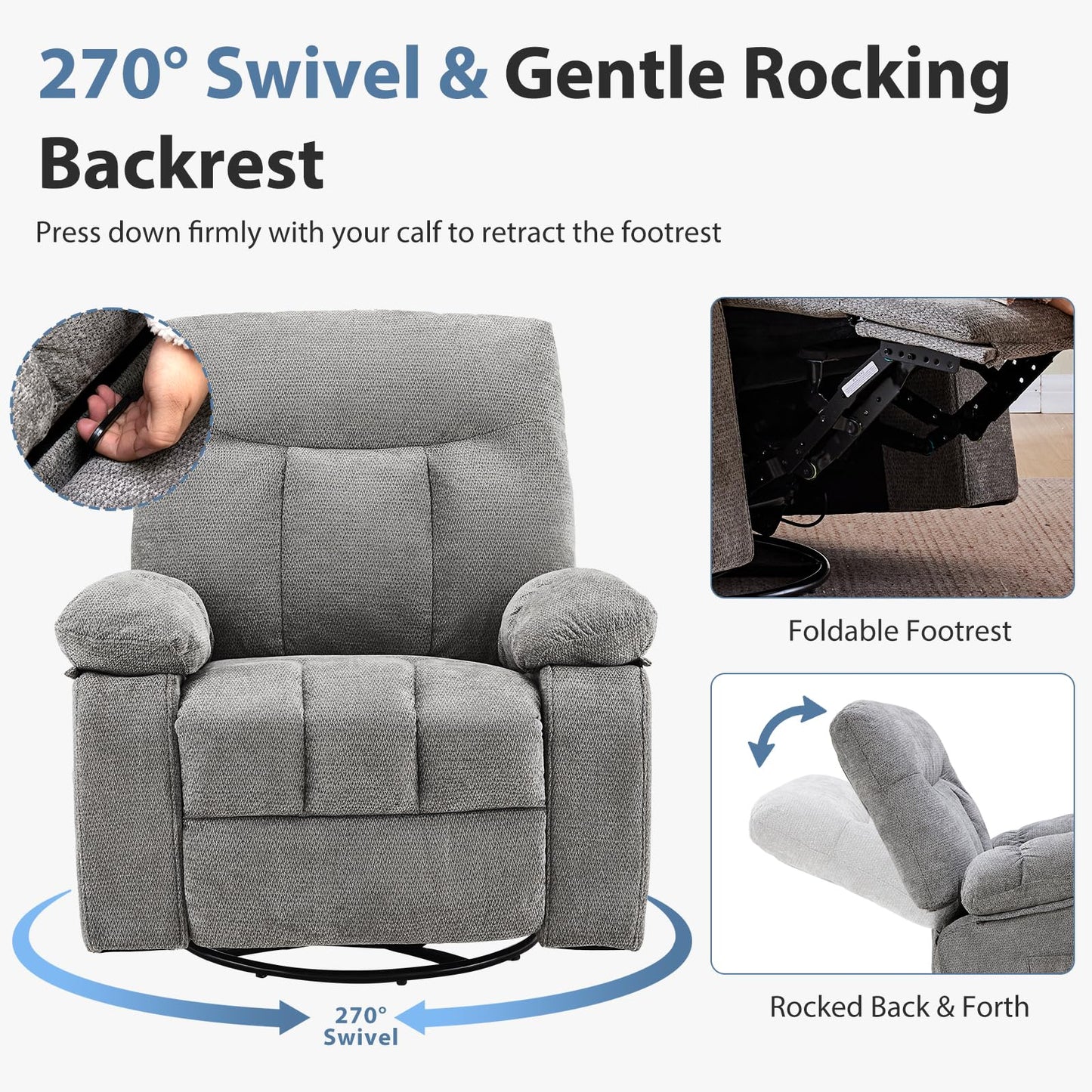 DUMOS Rocker Recliner Chair, Swivel Recliner with Vibration Massage & Lumbar Heating, 270° Rotating Chenille Fabric Recliner with footrest for Living Room & Bedroom, Grey