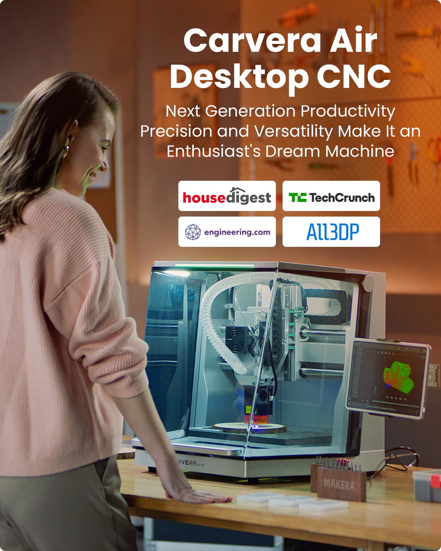 Carvera Air Desktop CNC Machine with 4th Axis and Add-on, Compact Enclosed Mini CNC Router Mill, Quick Tool Changer Closed-Loop Control, Makera CAM, High Precision for DIY Makers Workshops Metal Wood