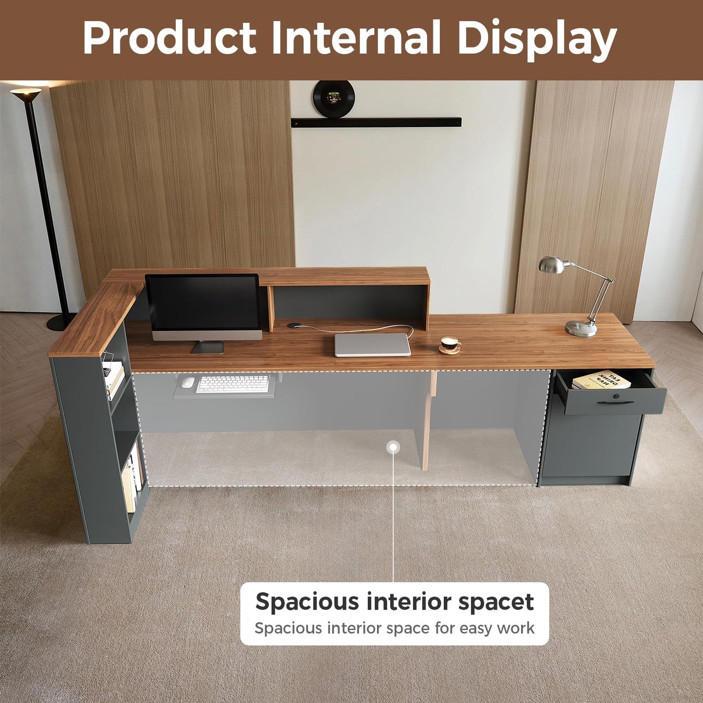 Huariifowm 87" L-Shaped Reception Desk with Counter, Front Desk with Lockable Drawer, Keyboard Tray & Shelves for Salon, Clinic, Retail & Office Lobby, Iron Gray & Walnut Brown, Left Cabinet