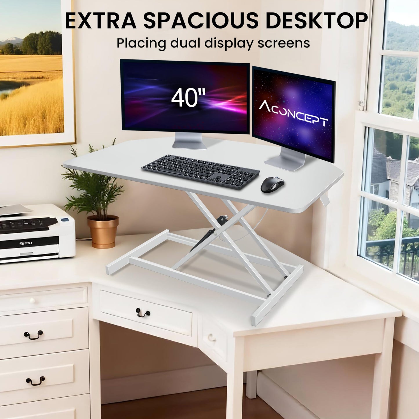 Aconcept 40 inch White Corner Height Adjustable Standing Desk Converter, One-Click Sit to Stand up Desk Riser, Pre-Assembled for Dual Monitor and Laptop Workstation