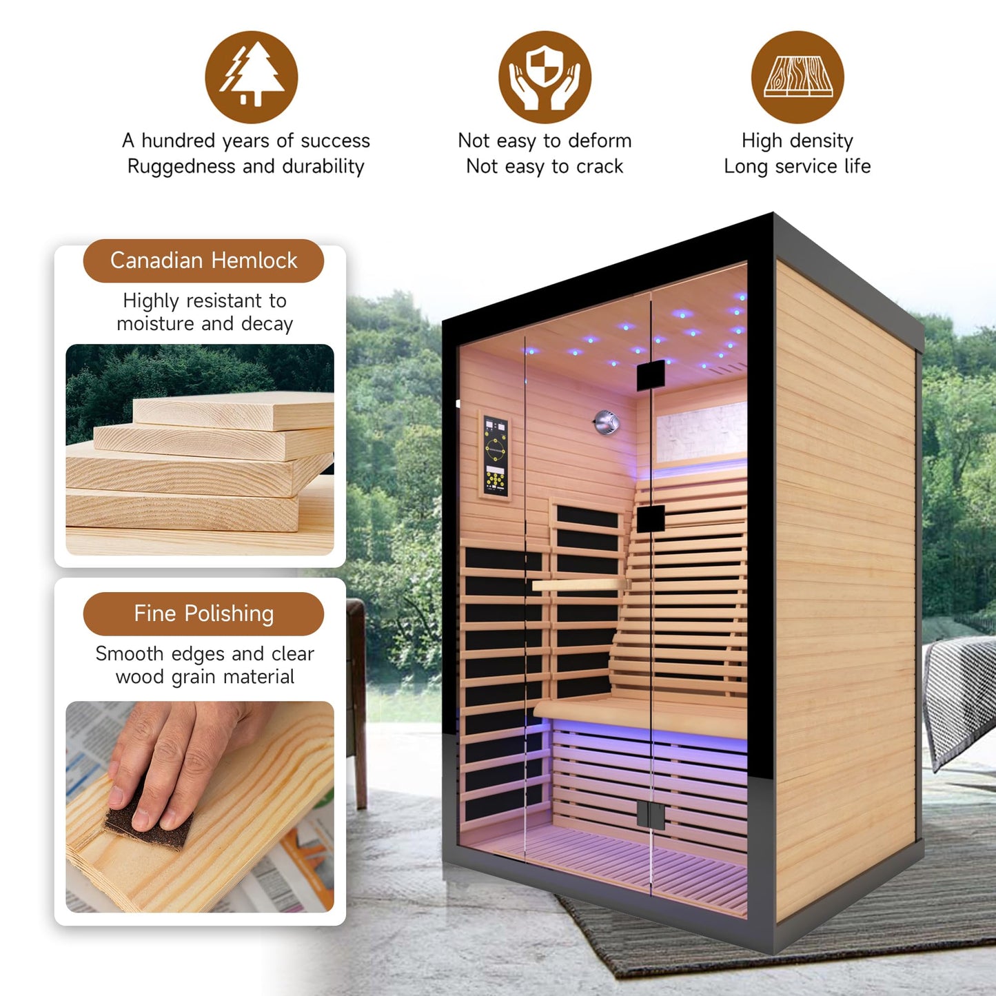 HOSAUNA Sauna 2 Person Far Infrared Sauna Home Canadian Hemlock Indoor 2160W Low-EMF Dry Saunas with Oxygen Bar, 21 Full Stars in 7 Color Remedies, Control Panel, Speakers (53.1 * 47.2 * 74.8 in)