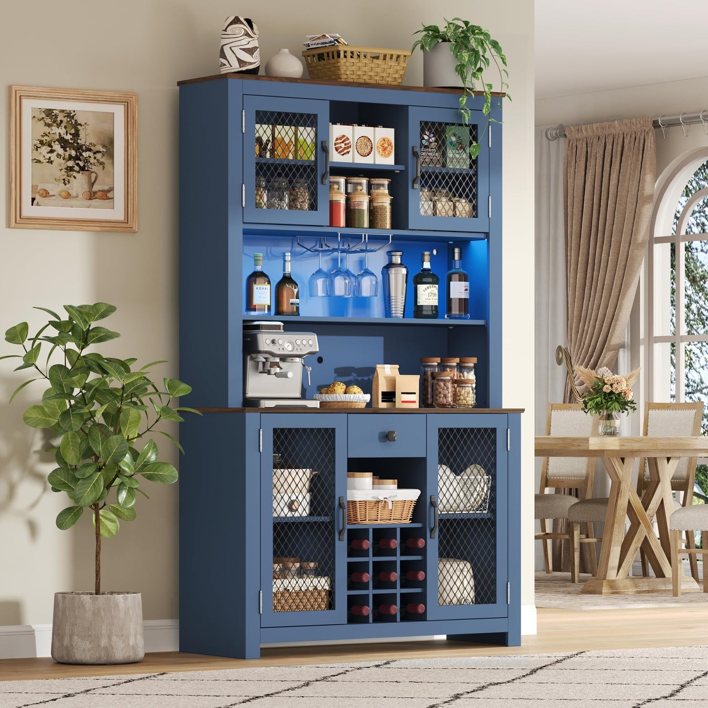Merax 70.9" Tall Kitchen Pantry Storage Cabinet with Charging Station and LED Lights, Rustic Kitchen Hutch Food Pantries with Wine Rack, Drawer & Adjustable Shelves for Dining Room, Navy Blue