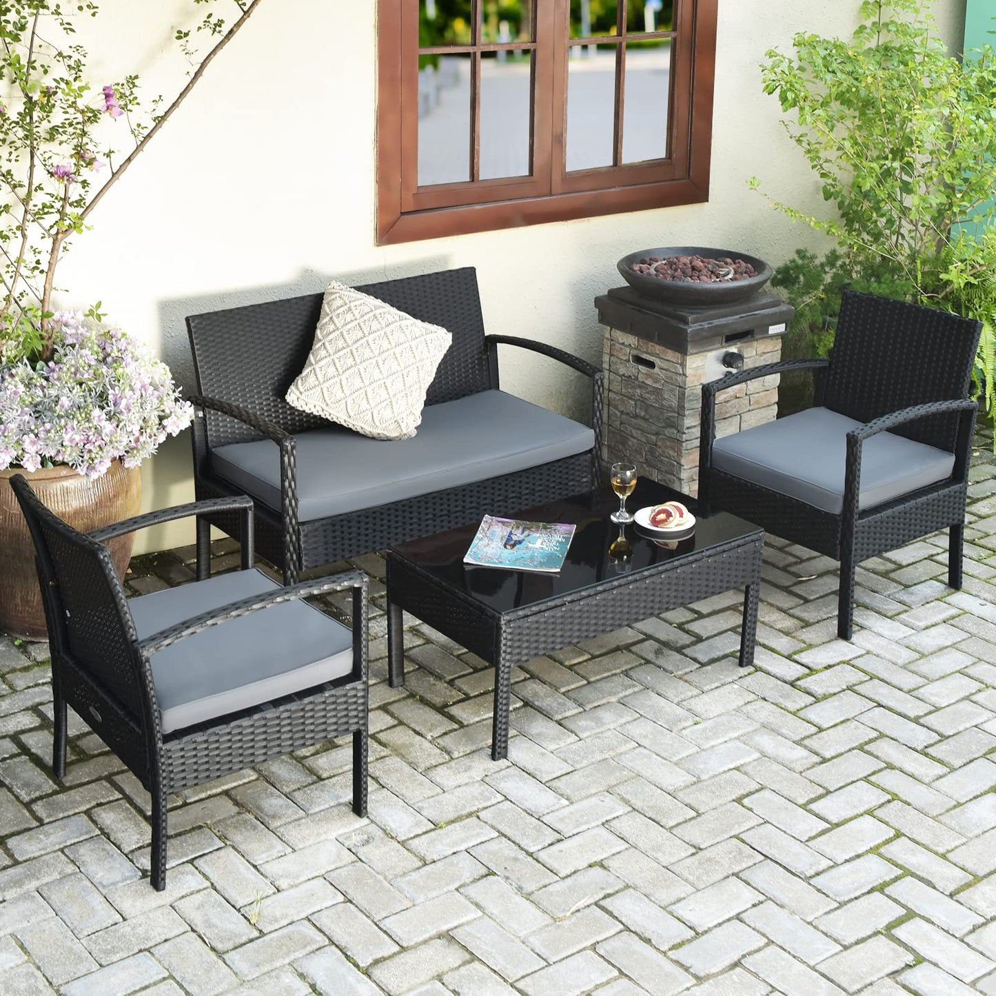 Tangkula 4-PCS Wicker Patio Conversation Furniture Set, Outdoor Rattan Chair and Table Set, Patio Furniture Sets with Coffee Table & Washable Cushions for Courtyard Balcony Garden (1, Black)