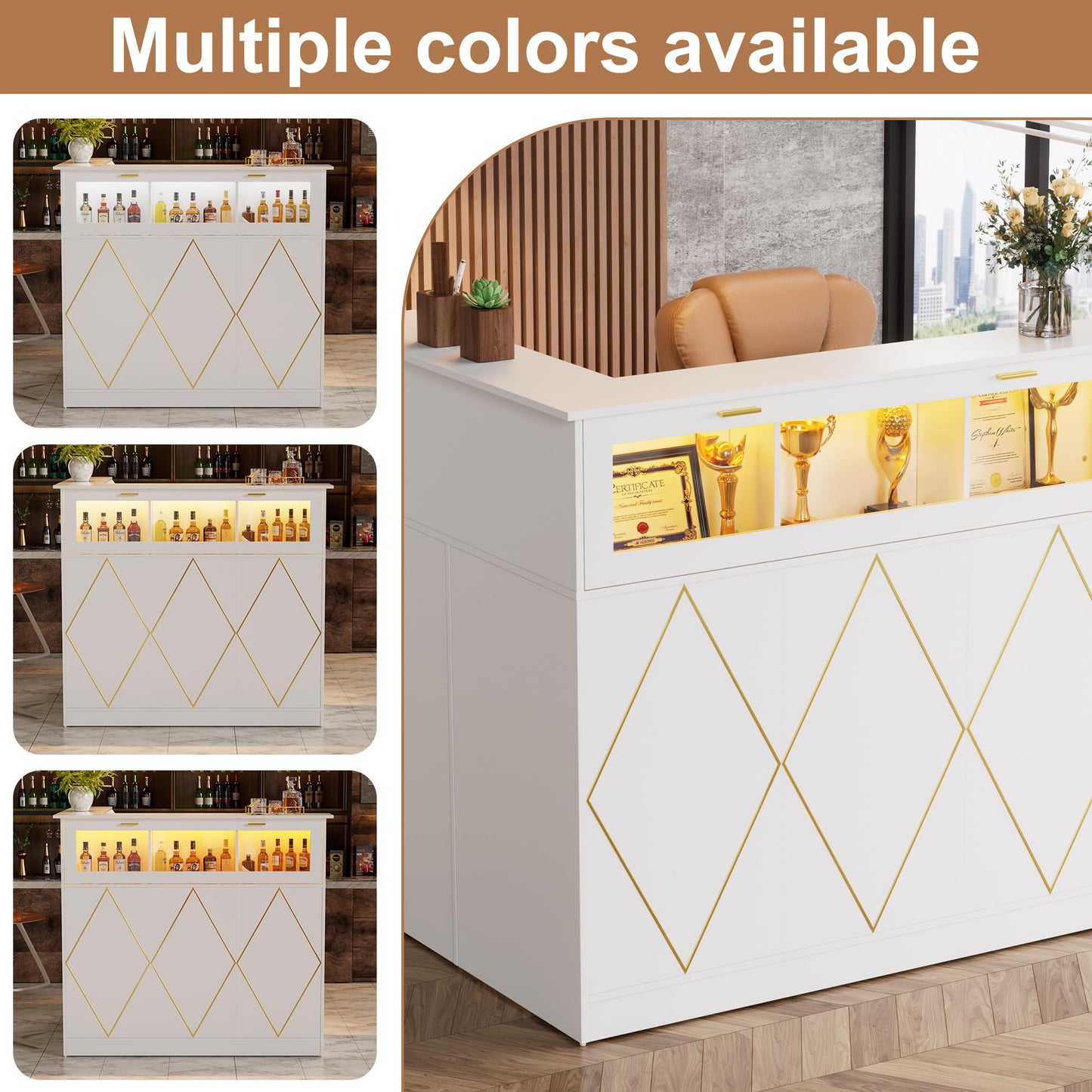 PAKASEPT Reception Desk with LED Lights, L-Shaped Modern Front Desk with Glass Display Shelf, Reception Counter Table for Lobbies, Salons, Retail, Home Offices (White)