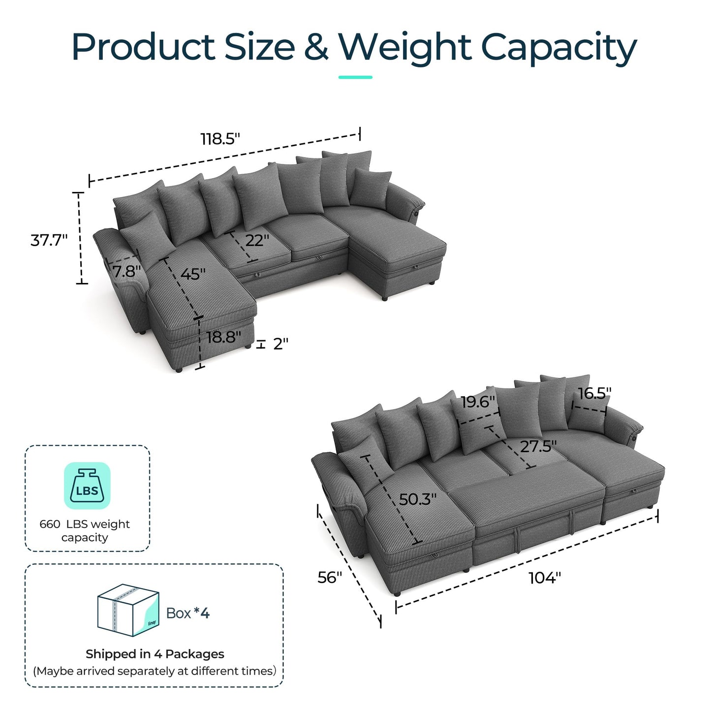 LINSY HOME Oversized Sectional Sleeper Sofa with Pull Out Couch Bed (Gray, 118.5'')