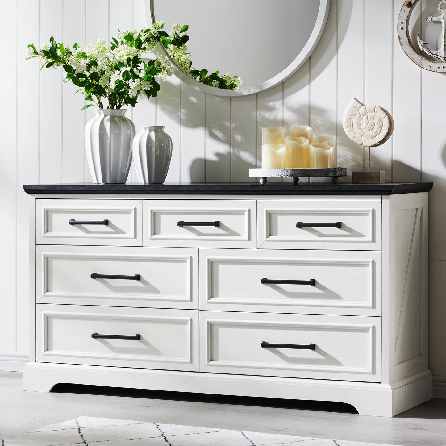 ACCOHOHO 7 Drawer Dresser, Farmhouse Chest of Drawers for Bedroom, 52" Wide Dresser with Large Metal Handles, Wood Drawer Organizer for Living Room, Hallway - Off White