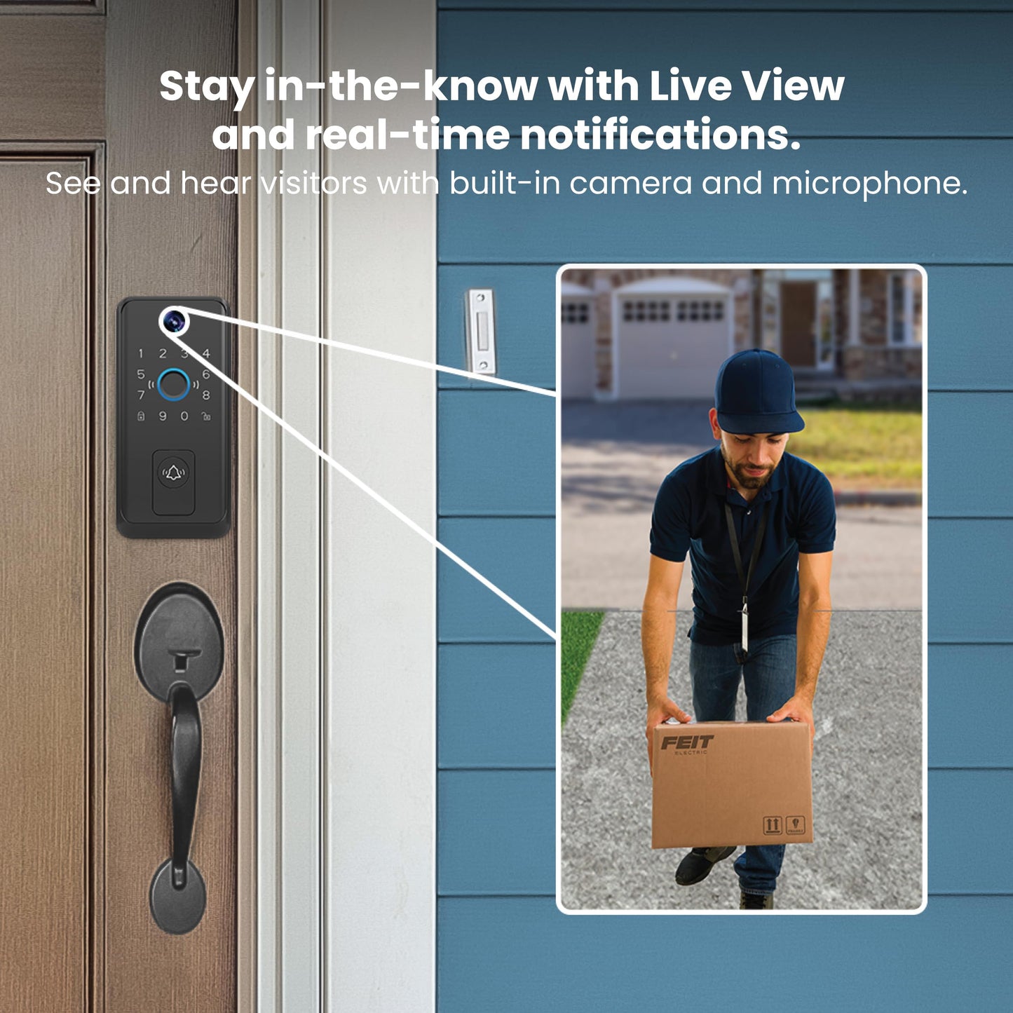 Feit Electric Smart Door Lock with HD Camera Doorbell, 1080p Video, Fingerprint & Keypad Entry, 2-Way Audio, Night Vision, App Control, Auto-Lock, 100 User Codes, USB-C Backup, Matte Black Finish