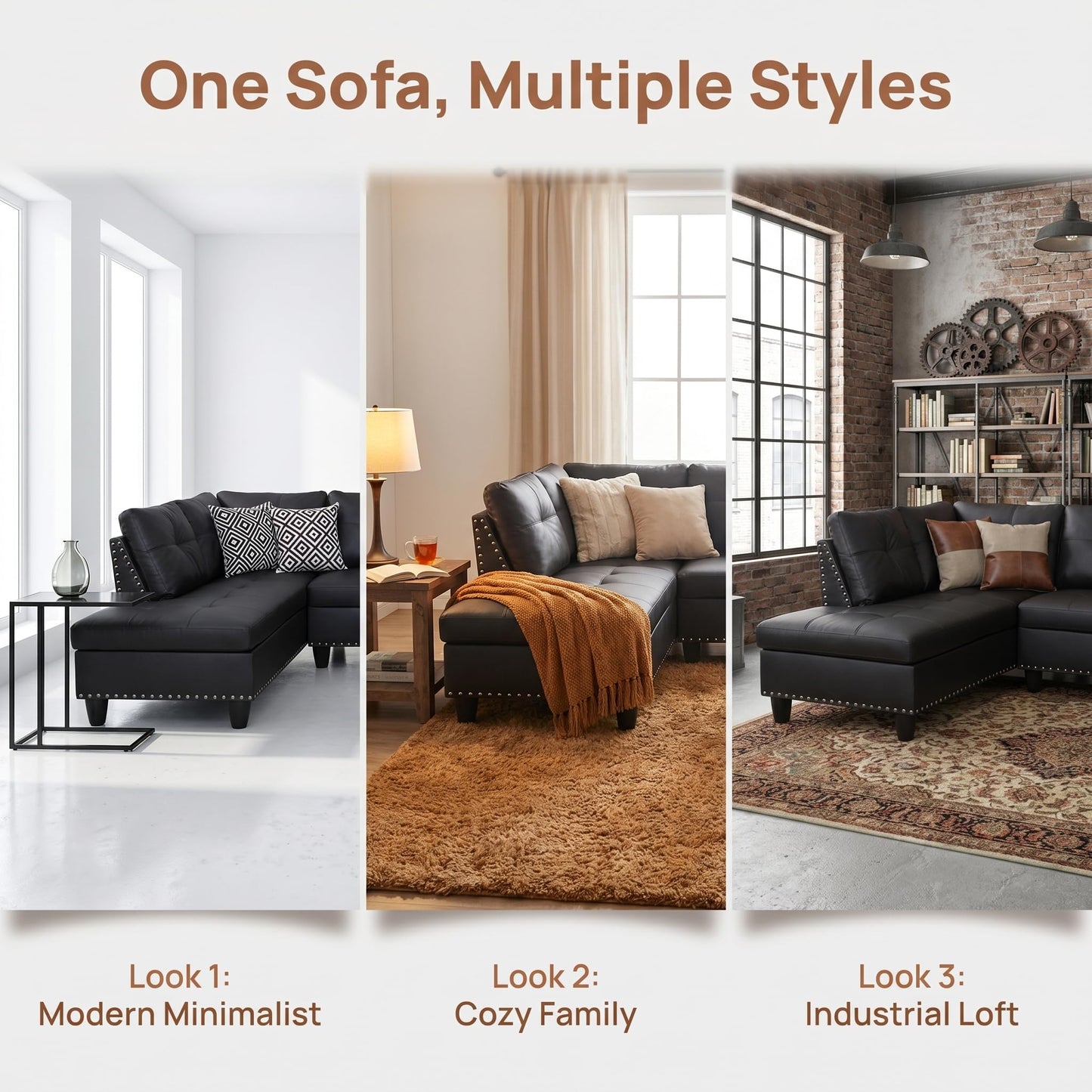 Trygoal 97.5" Leather L Shaped Couch with Left Chaise & Cup Holder, Sectional Sofas Modular Furniture Set with Storage Ottoman, Convertible Couches for Living Room, Small Space & Office (Black)
