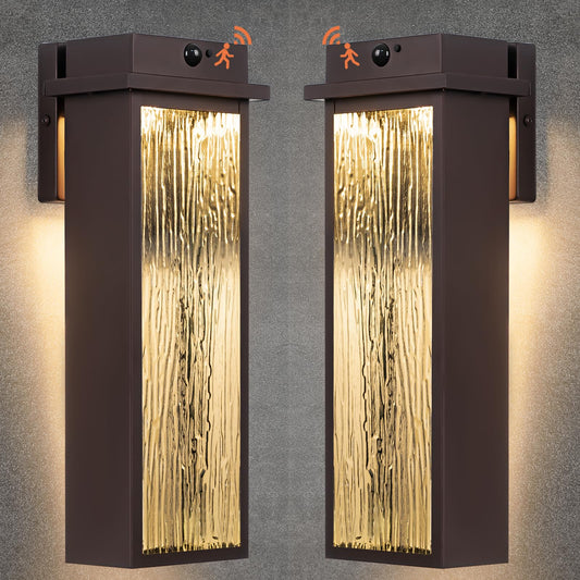 VenzBlomia LED Outdoor Lanterns, 16in Waterproof Motion Sensor Sconce, Oil Rubbed Bronze, 2 Pack, Rustic Metal Design
