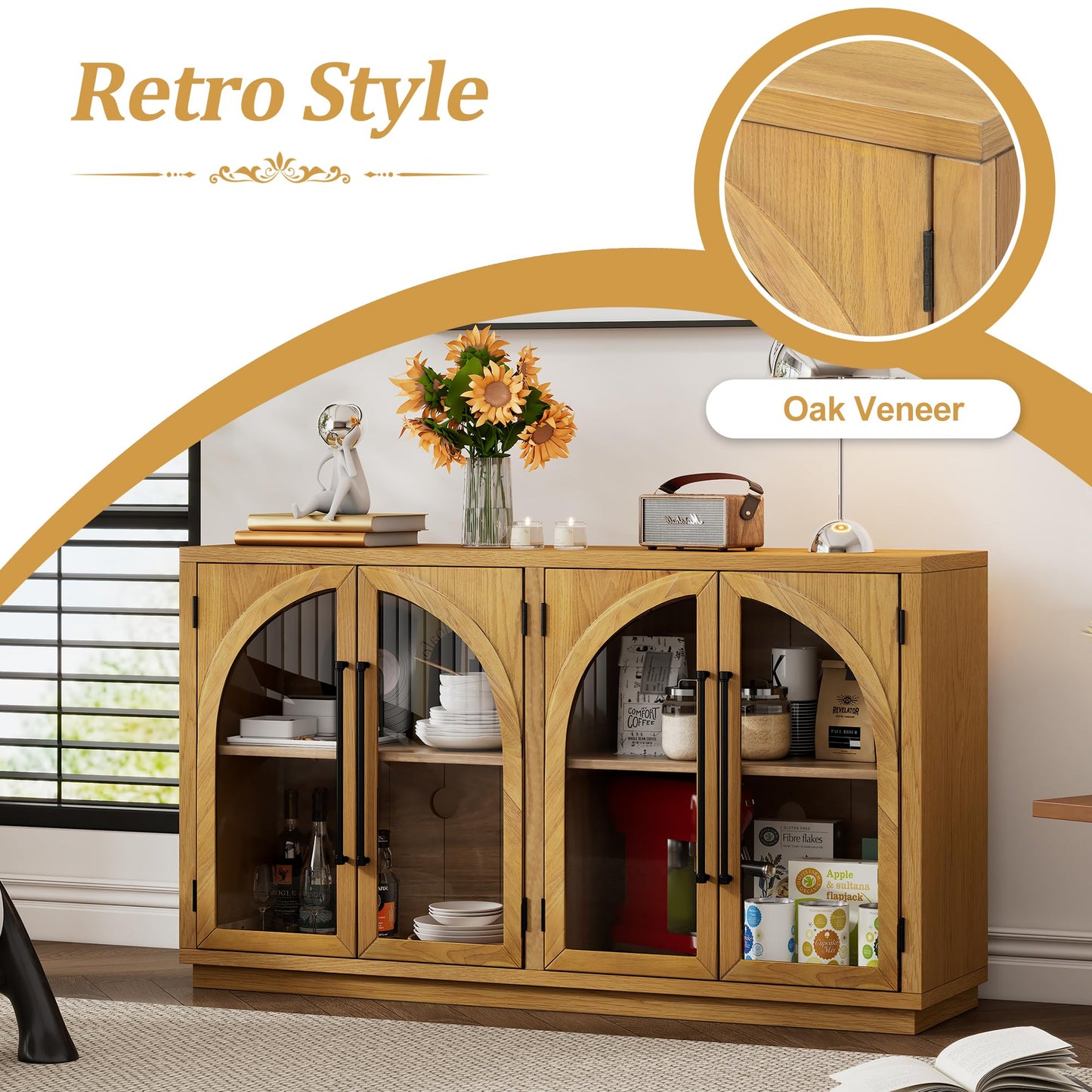 Merax Wood Farmhouse Buffet Sideboard with Adjustable Shelves and 4 Doors Glass Coffee Bar Cabinet TV Stand for Living Room Bedroom Kitchen Natural Wood