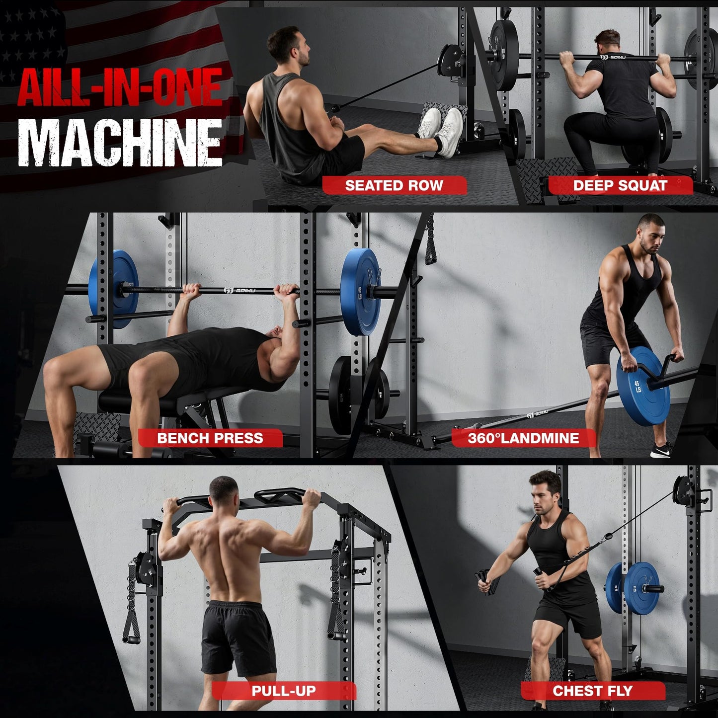GOIMU DP01 Power Cage, 2000LBS Squat Rack with Cable Crossover and Dual Independent Pulley System, Full Cage for Full Body Training, Power Rack with More Training Attachments for Home Gym (Bk-Pro)
