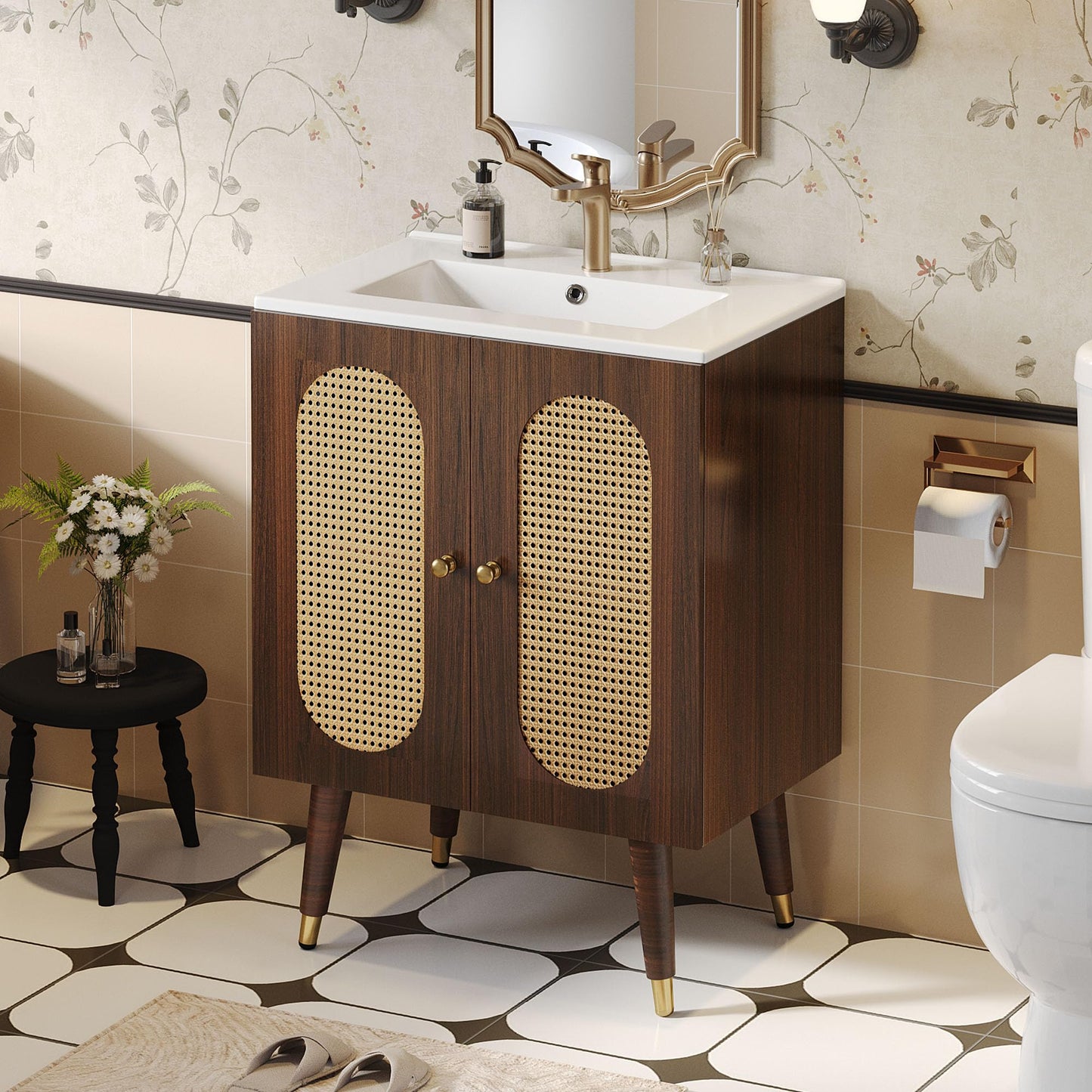 DWVO 24 Inch Rattan Vanity with Sink, Small Freestanding Bathroom Vanity Cabinet, Boho Style with 2 Large Soft-Closing Doors & Four-Sided Water Barrier Strip, Walnut
