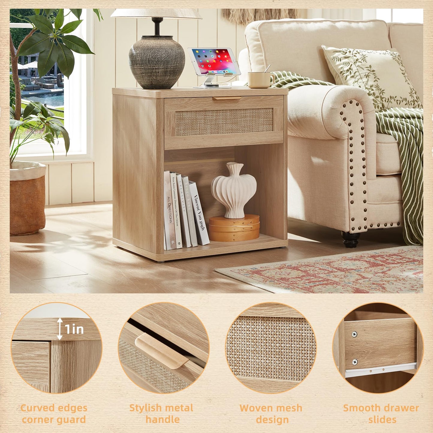 LEYAOYAO Rattan Nightstands Set of 2 with Charging Station, 23" Wide Boho Night Stand with Drawer, Natural Wood Bedside Table Open Cabinet, Bed Side End Table Dresser for Bedroom, Living Room, Hallway