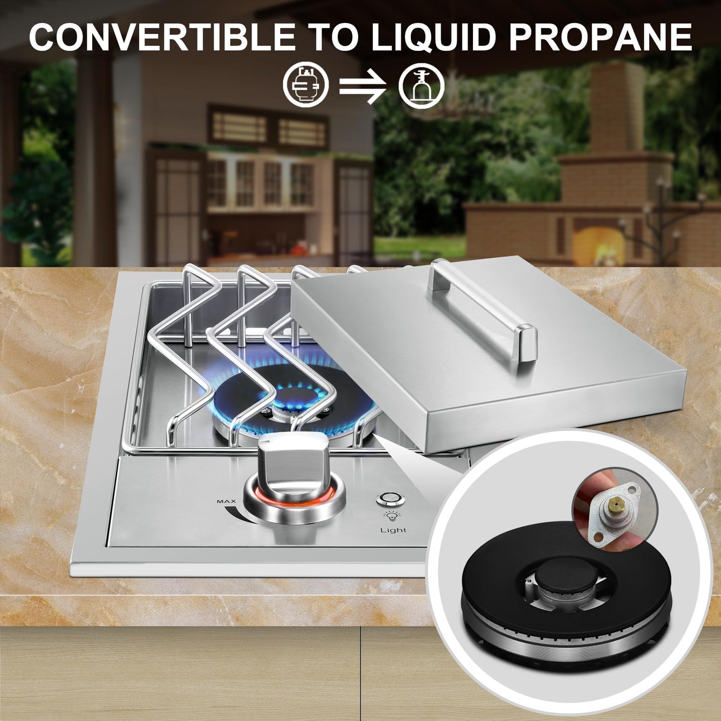 Single Grilling Side Burners for Outdoor Grill, 15,000BTU Natural Gas Side Burner, Sturdy 304 Stainless Steel, with Liquid Propane Kit, Drop-in Side Burner for Outdoor Kitchen BBQ Island