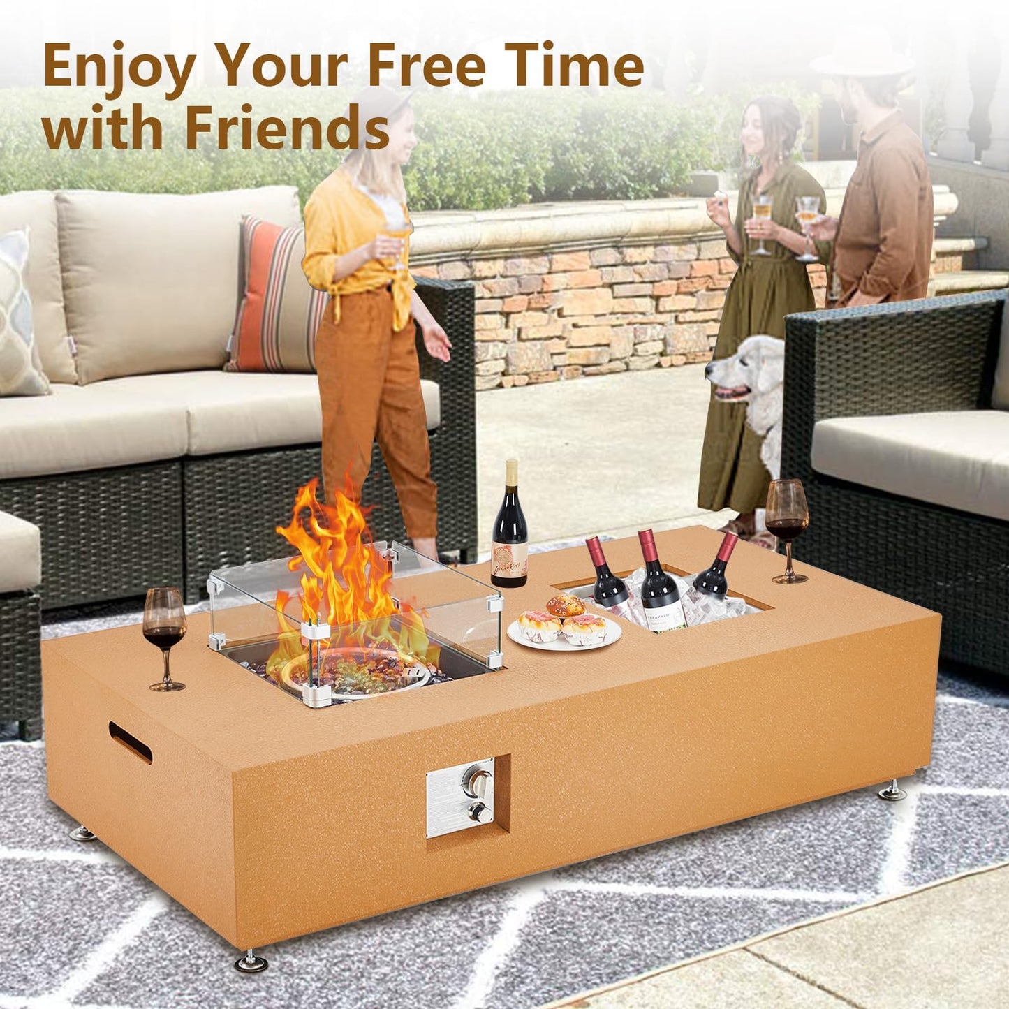 56" Propane Fire Pit Table with Ice Bucket, 50,000 BTU Dual-Use Outdoor Heater Set w/Wind Guard & Fire Glass for Patio, Backyard, Home, Parties
