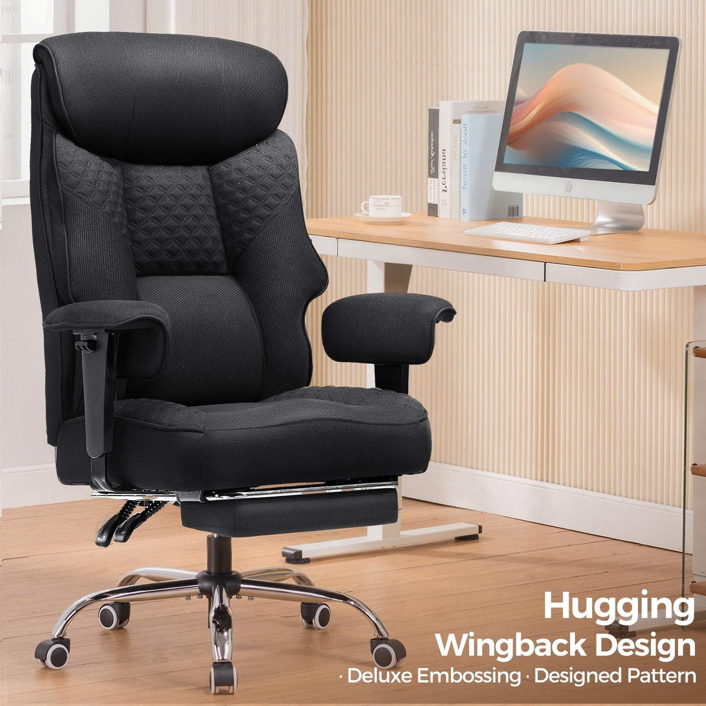 GTPLAYER Big and Tall Office Chair, High Back Computer Gaming Chair with Ergonomic Lumbar Support &Pocket Spring Cushion for Lower Back Pain Relief, Fabric Executive Chair with Foot Rest, Black