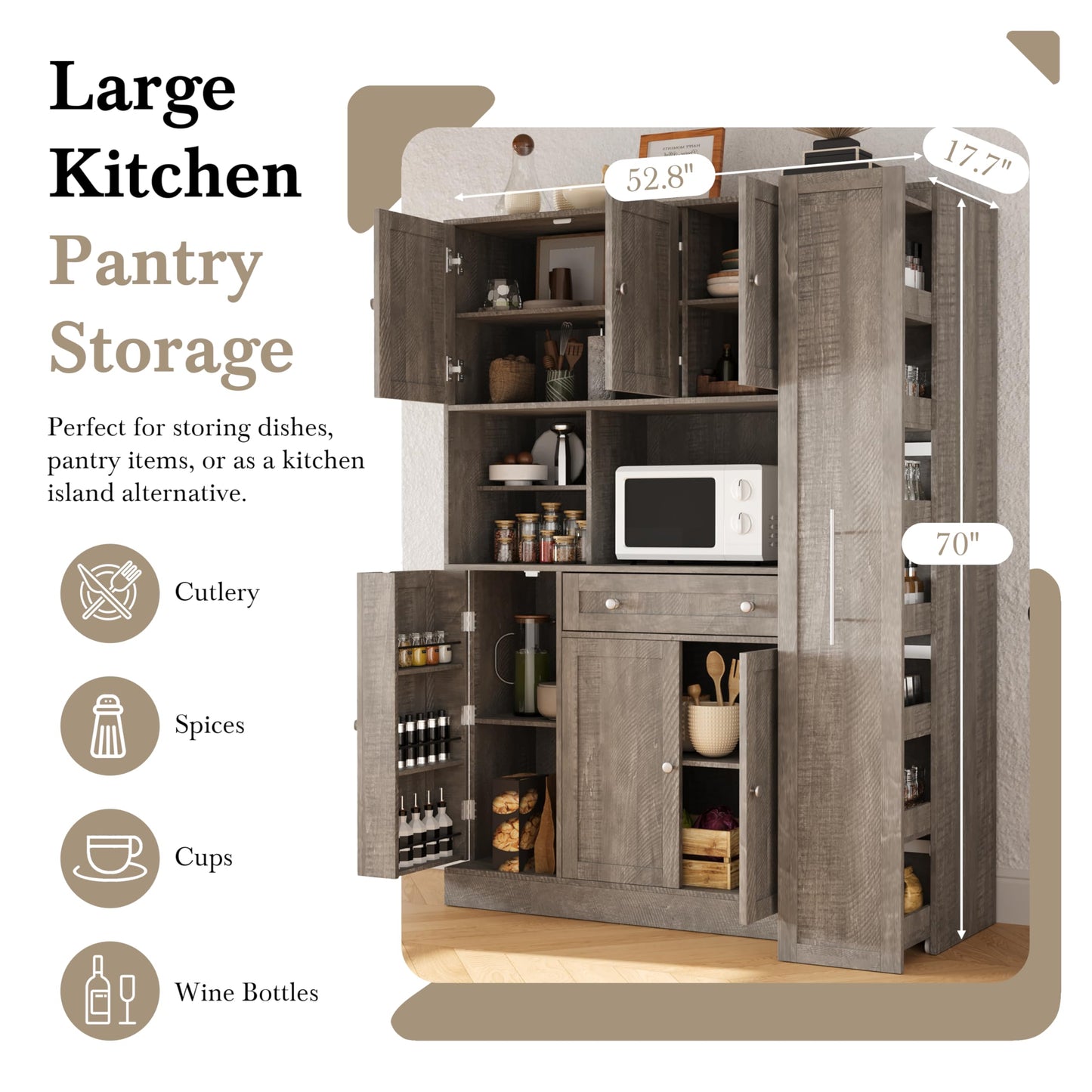Merax 70'' Tall Traditional Freestanding Buffet with Hutch, Large Kitchen Pantry Storage Cabinet Cupboard with Pull-Out Side Cabinet, Door Shelves and Drawer, Brown