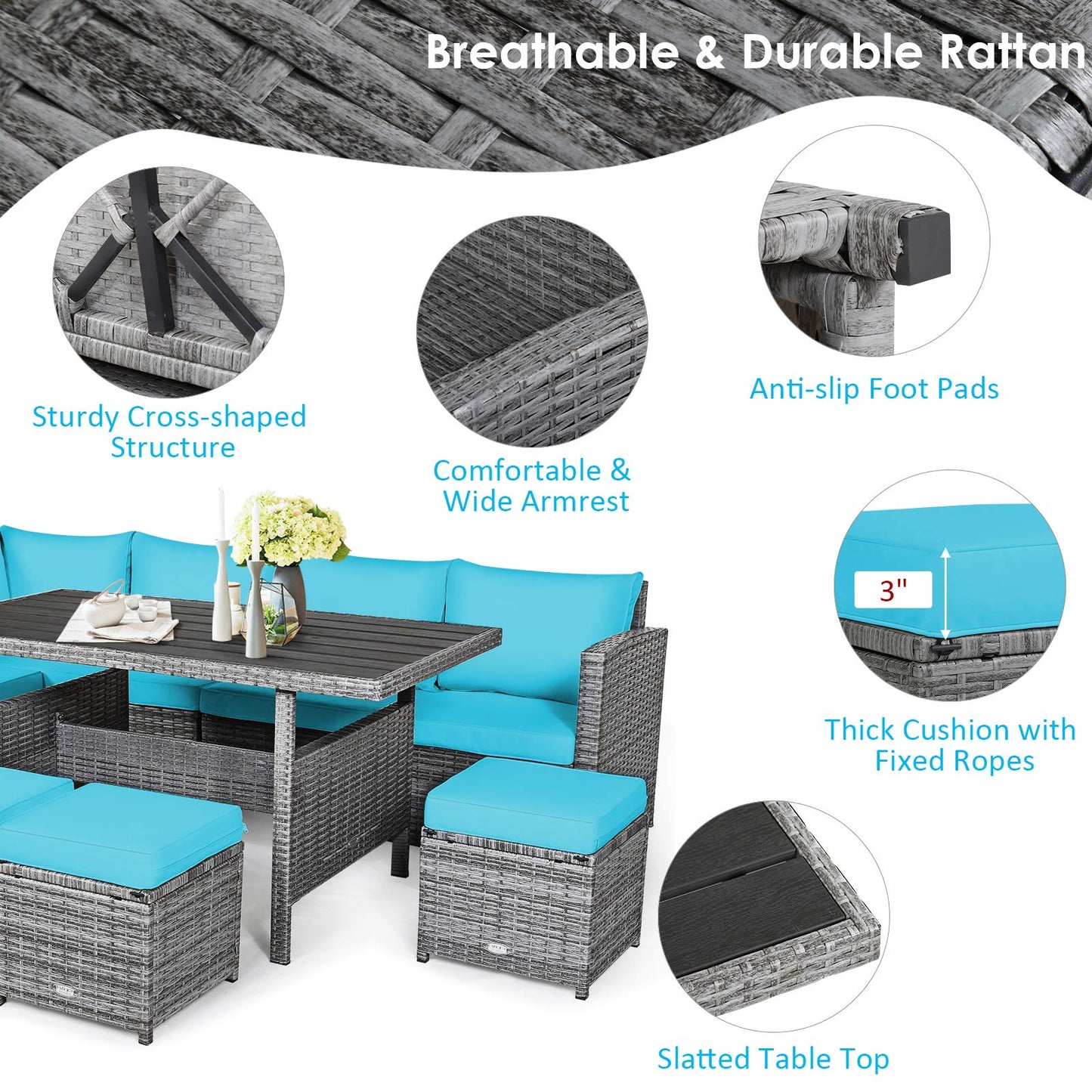 Tangkula 7 Pieces Patio Furniture Set, Outdoor Sectional Rattan Dining Sofa Set with Cushions, All Weather Wicker Conversation Couch Set with Dining Table & Ottomans for Yard Garden Poolside