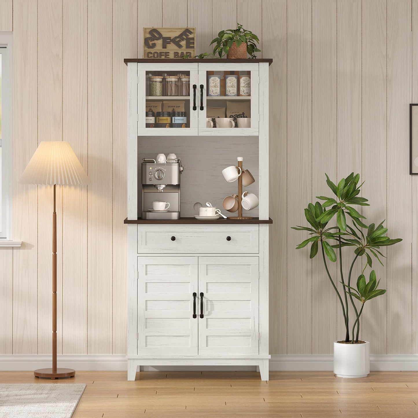 GAOMON Elegant 72" White Pantry Coffee Bar Cabinet – Tall Kitchen Storage with Adjustable Shelves, 4 Glass Doors & 1 Drawer – Multi-Functional Hutch for Dining Room & Kitchen, White