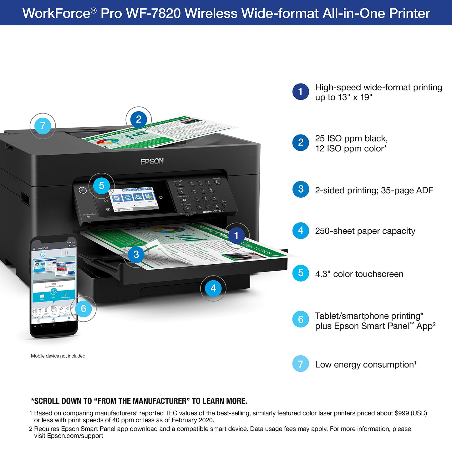 Epson Workforce Pro WF-7820 Wireless Duplex All-in-One Wide-Format Printer, Copier, Scanner, and Fax with 50 Page ADF, 250 Sheet Paper Capacity and Mobile Printing, Black