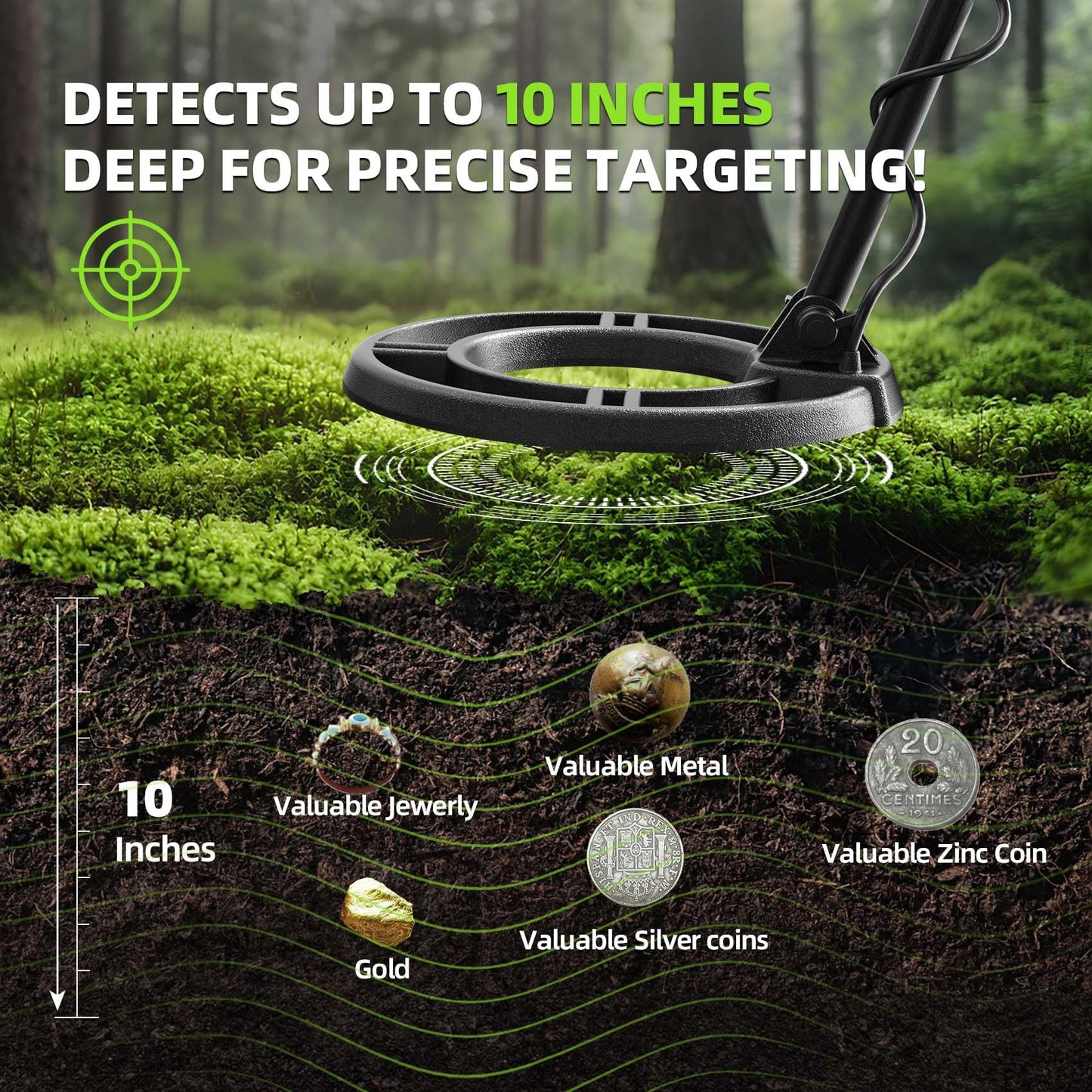 Metal Detector for Adults Professional, Rechargeable Waterproof Pinpoint, Higher Accuracy Gold and Silver Detection, Underwater and Beach Use, 10'' IP68 Coil, Backlit LCD, New Advanced DSP Chip,Green
