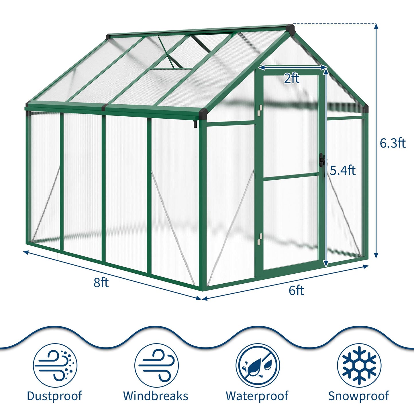 6×8 FT Greenhouse, Large Walk in Greenhouses for Outdoors and Garden Planting, Polycarbonate Greenhouse with Enhanced Aluminum Frame, Green Houses with Quick Setup Structure and Roof Vent, Green