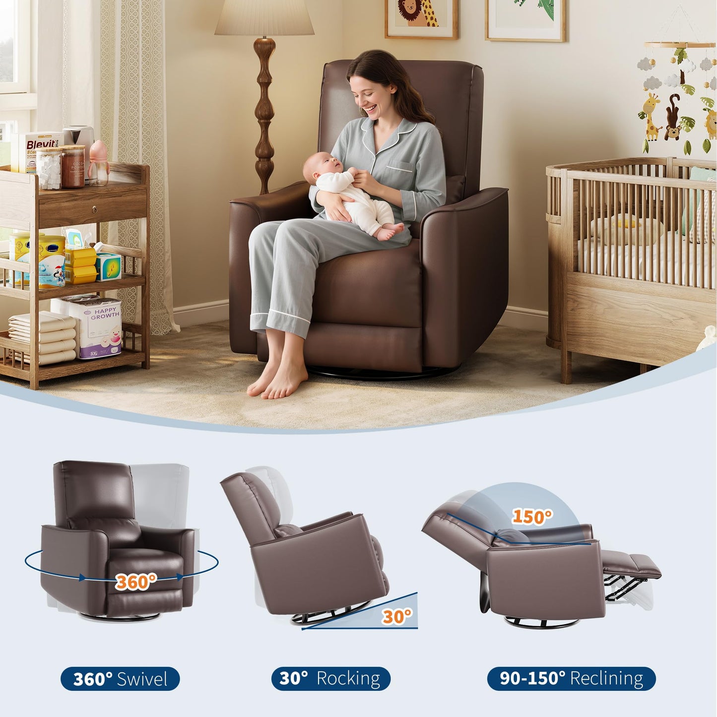 Garvee 360° Swivel Rocking Recliner Glider Chair – High-Back PU Leather Deep Seat Manual Recliner for Nursery, Living Room, Bedroom & Home Theater