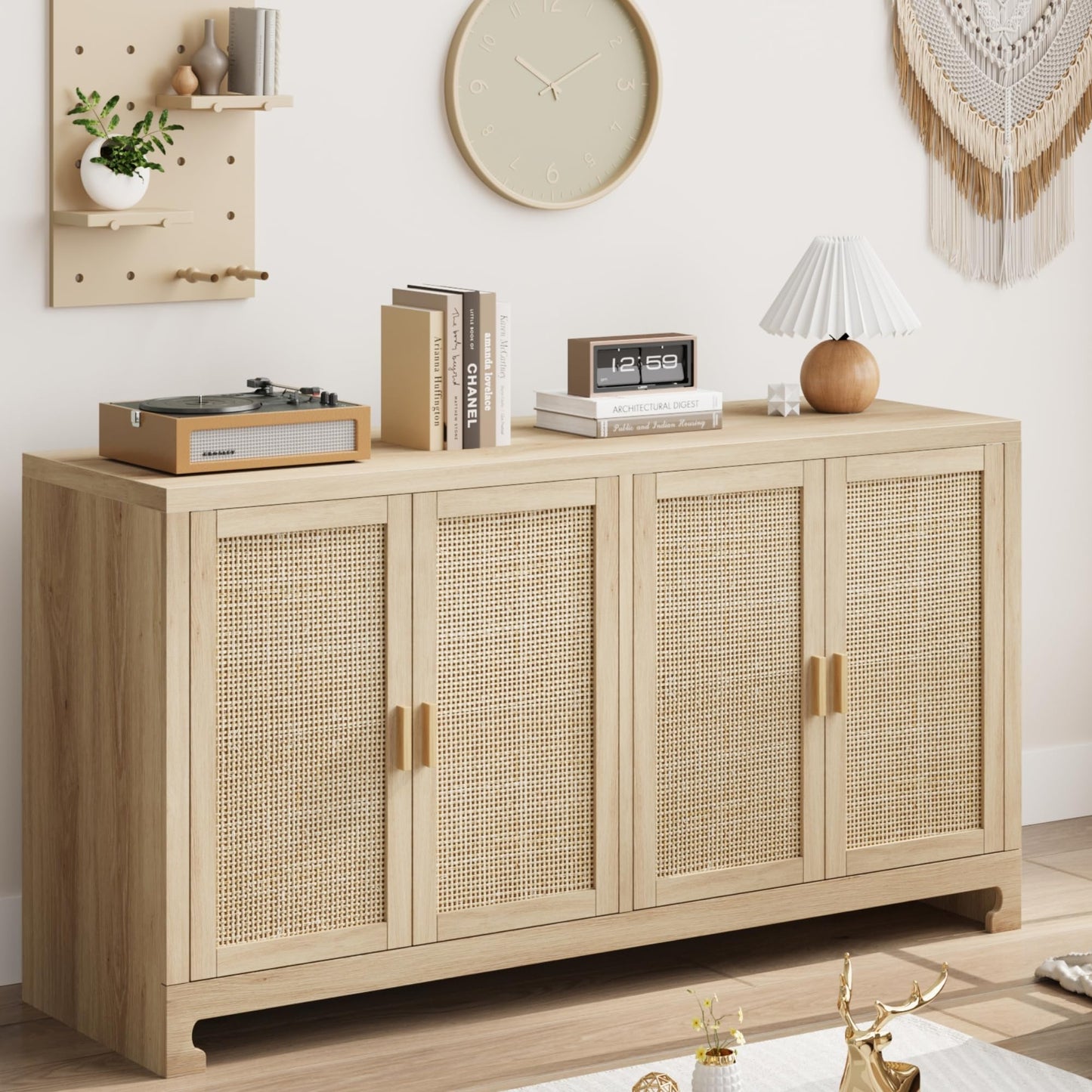 GarveeHome 60 in Farmhouse Rattan Buffet Cabinet - 4-Door Woven Storage Sideboard with Adjustable Shelves, Kitchen Console Table for Dining Room & Living Room Entryway (Oak Brown)
