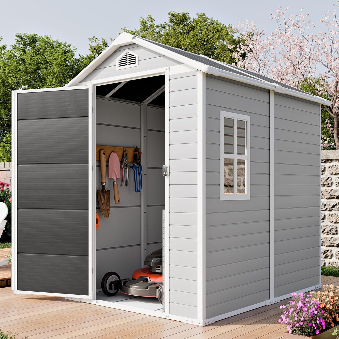SENYUN 6x4 FT Resin Storage Shed with Floor, Lockable Doors and Window, Outdoor Garden Shed for Backyard, Patio, Lawn, Plastic Shed for Bike, Tools, Grey