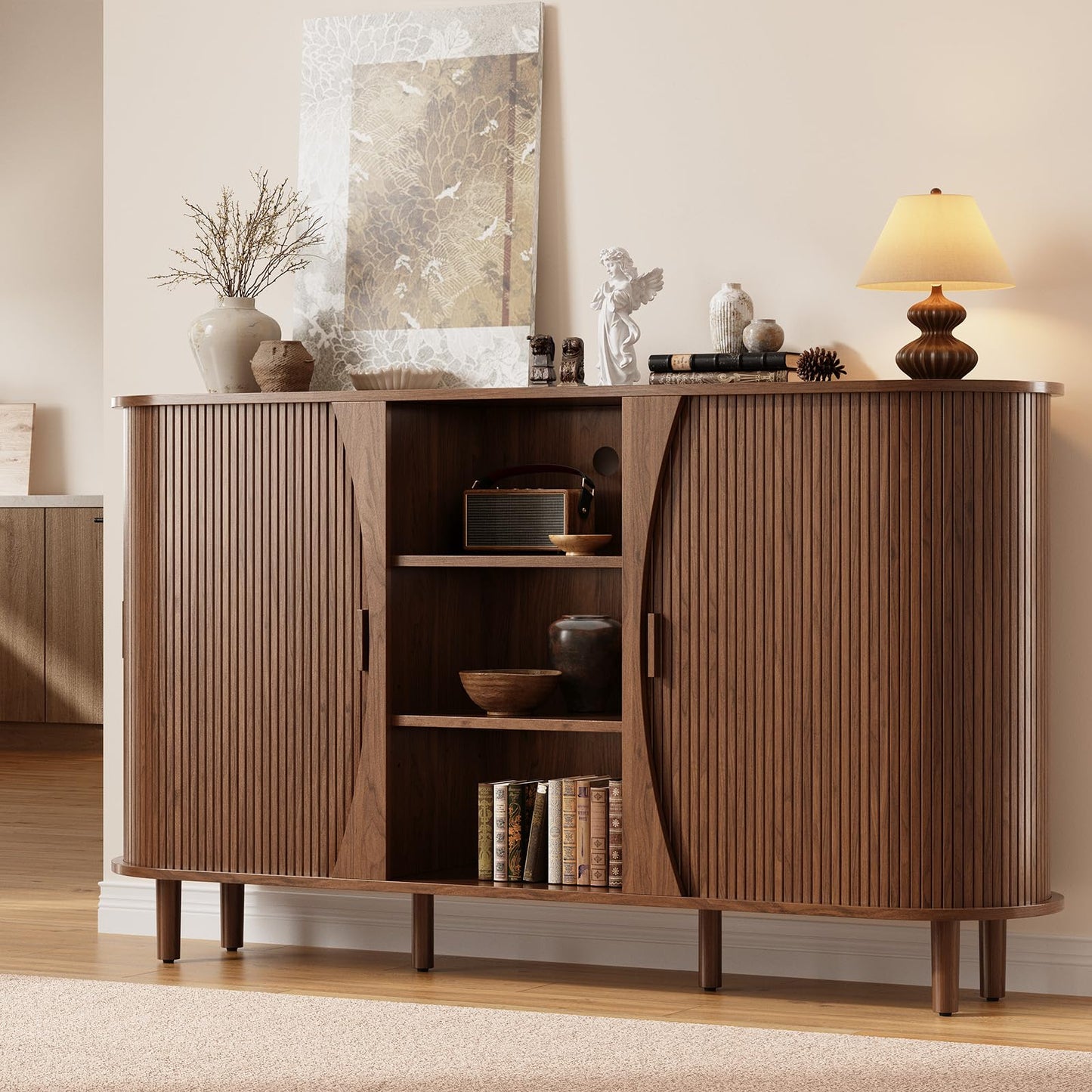 ONBRILL 59" Curved Buffet Cabinet with Storage, Sideboard Cabinet with Adjustable Shelves, Mid-Century Modern Buffet Cabinet with Sliding Doors and 6 Wood Legs, Storage Cabinet for Living Room, Walnut