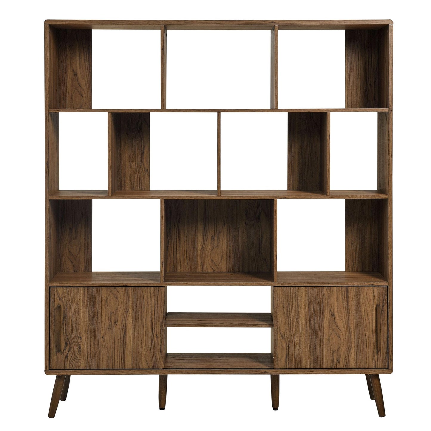 Modway Transmit 14 Shelf Bookcase with Sliding Doors in Walnut - 59 Inch Wood Mid-Century Modern Bookshelf - 4 Tier Wide Open Display Storage Cabinet for Living Room, Office, Hallway