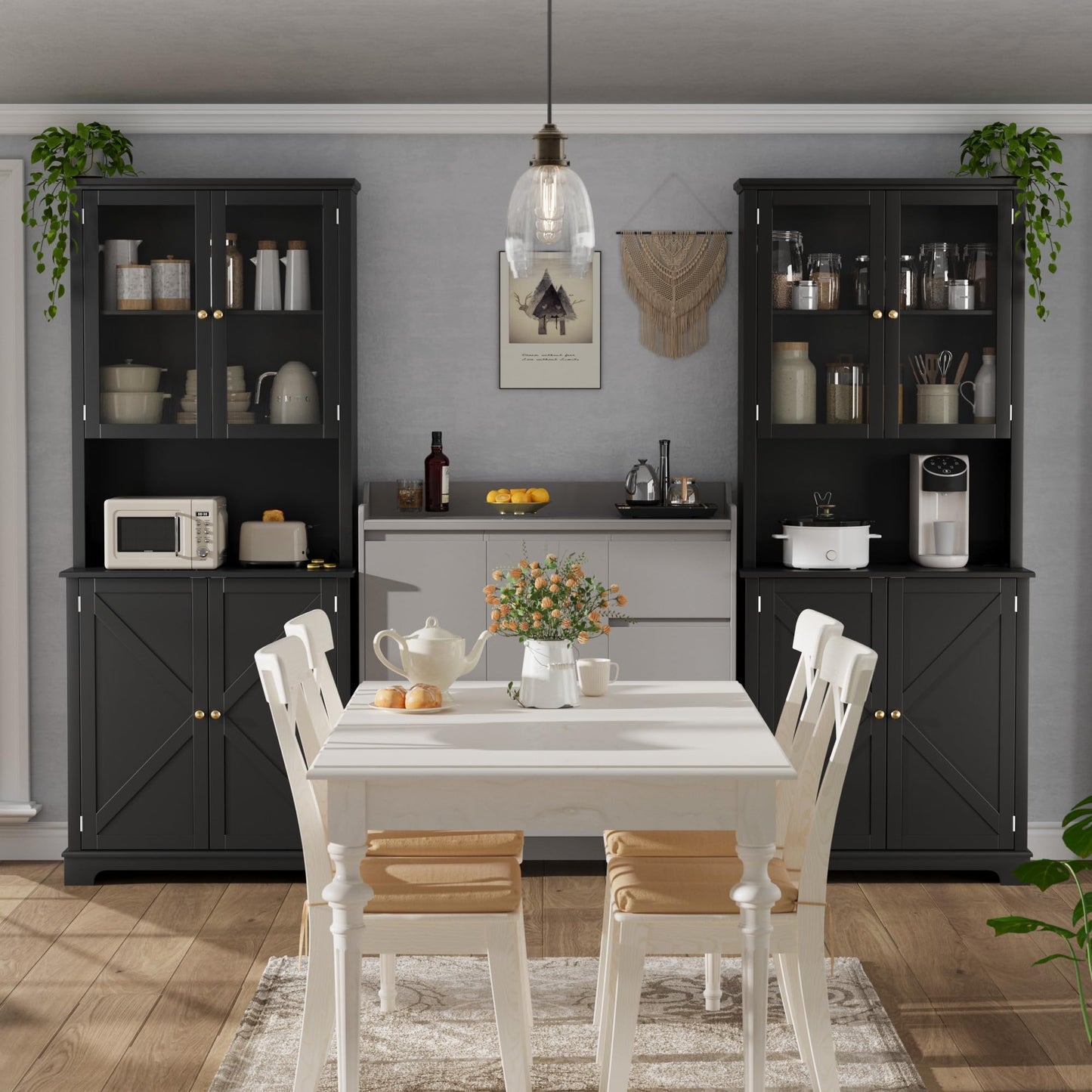 72" Tall Black Kitchen Hutch Cabinet with Glass Doors, 41" Wide Freestanding Storage Cabinet with Charging Station & LED Lights, Open Counter Shelf and Double Lower Doors, Farmhouse Buffet for Dining